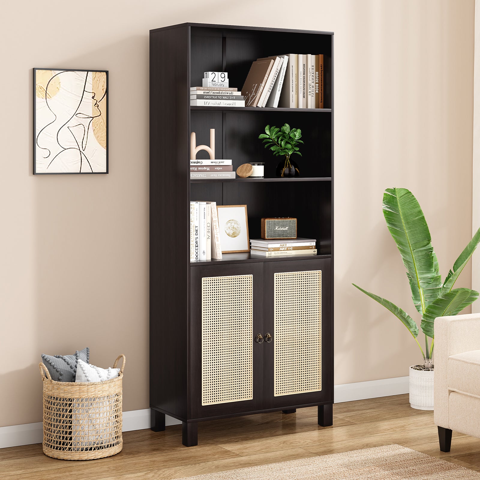 Tall Bookcase with Rattan Doors,5 Tier Storage Wood Shelves Large Bookshelf for Library Living Room Bedroom Home Office,Walnut