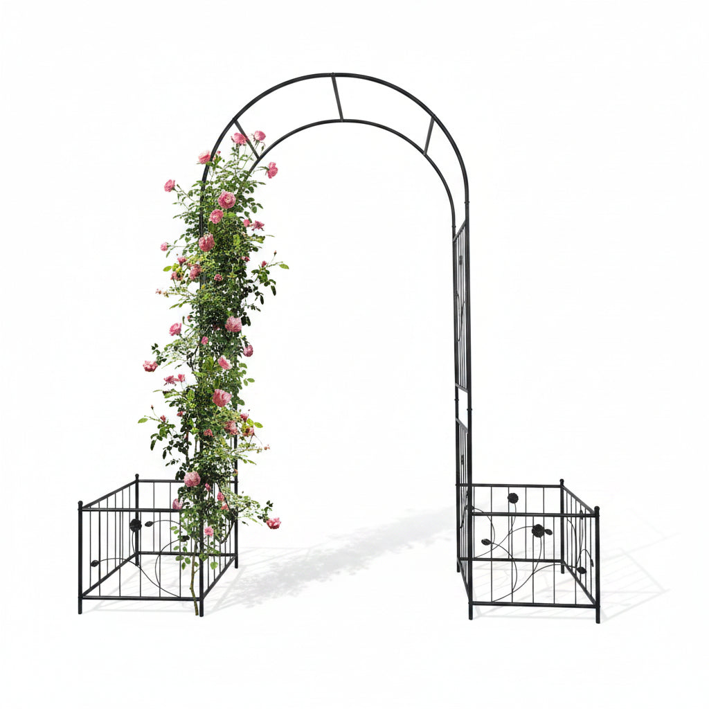 Metal Garden Arch 79.5in with 2 Plant Stands, Black | HomeDIYer