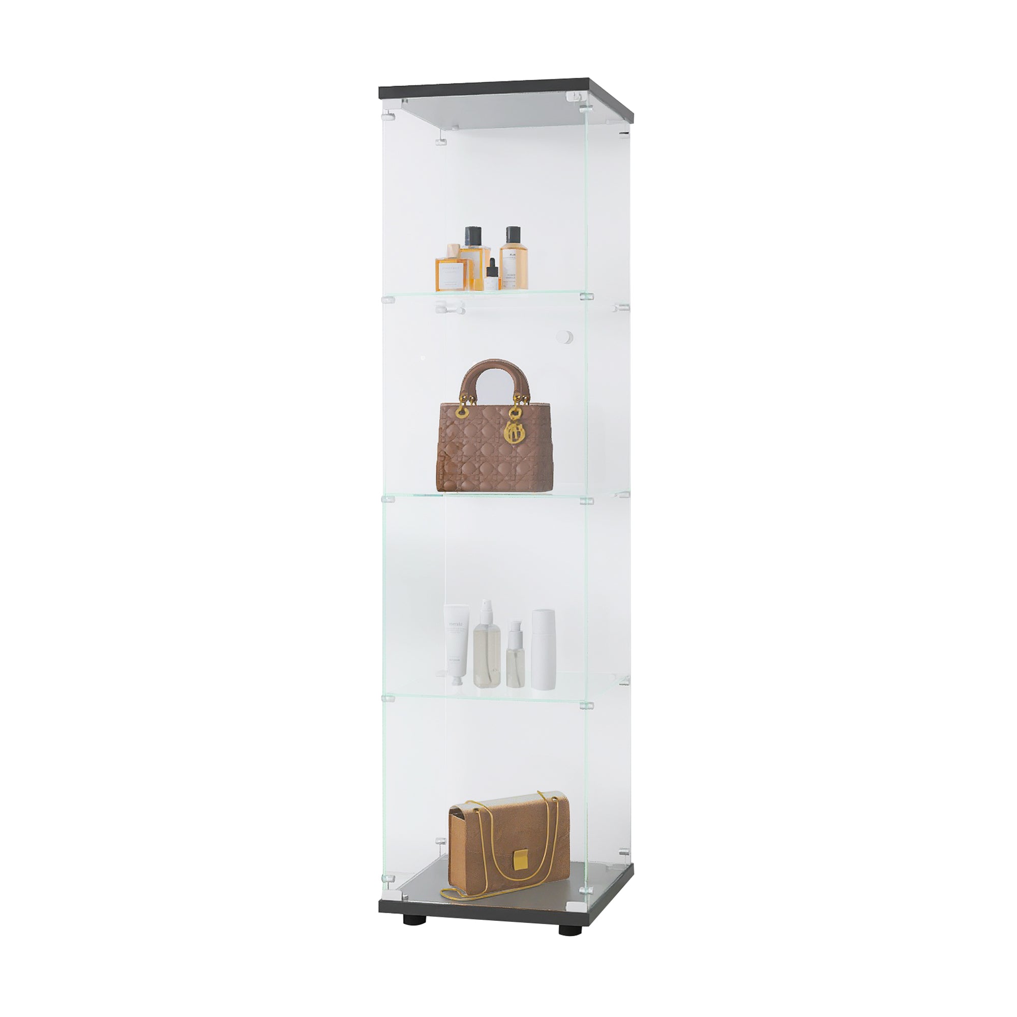 Glass Display Cabinet 4 Shelves with Door, Floor Standing Curio Bookshelf for Living Room Bedroom Office, 64.7"*16.7"*14.3", Black