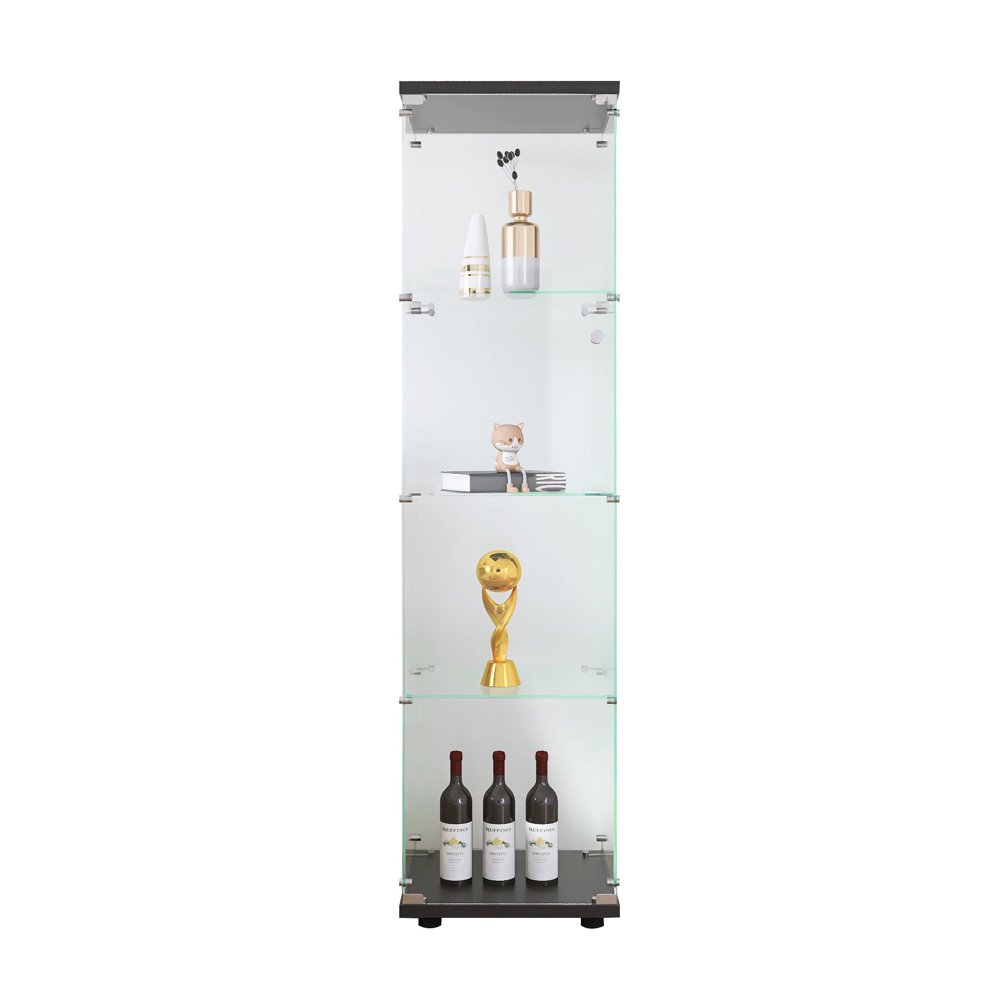 Glass Display Cabinet 4 Shelves with Door, Floor Standing Curio Bookshelf for Living Room Bedroom Office, 64.7"*16.7"*14.3", Black