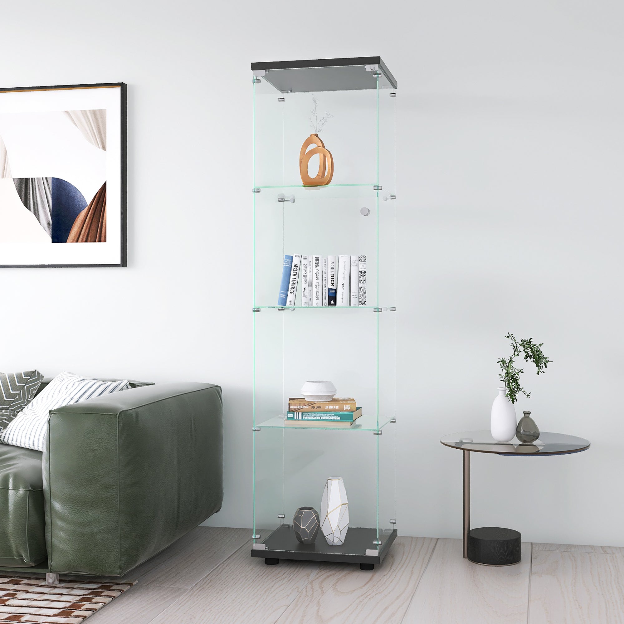 Glass Display Cabinet 4 Shelves with Door, Floor Standing Curio Bookshelf for Living Room Bedroom Office, 64.7"*16.7"*14.3", Black