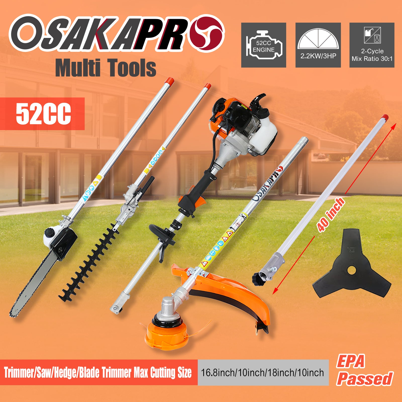 12‑in‑1 52cc 2‑Cycle Gas Garden Tool System – Pole Saw, Hedge Trimmer, Grass Trimmer & Brush Cutter | EPA Compliant