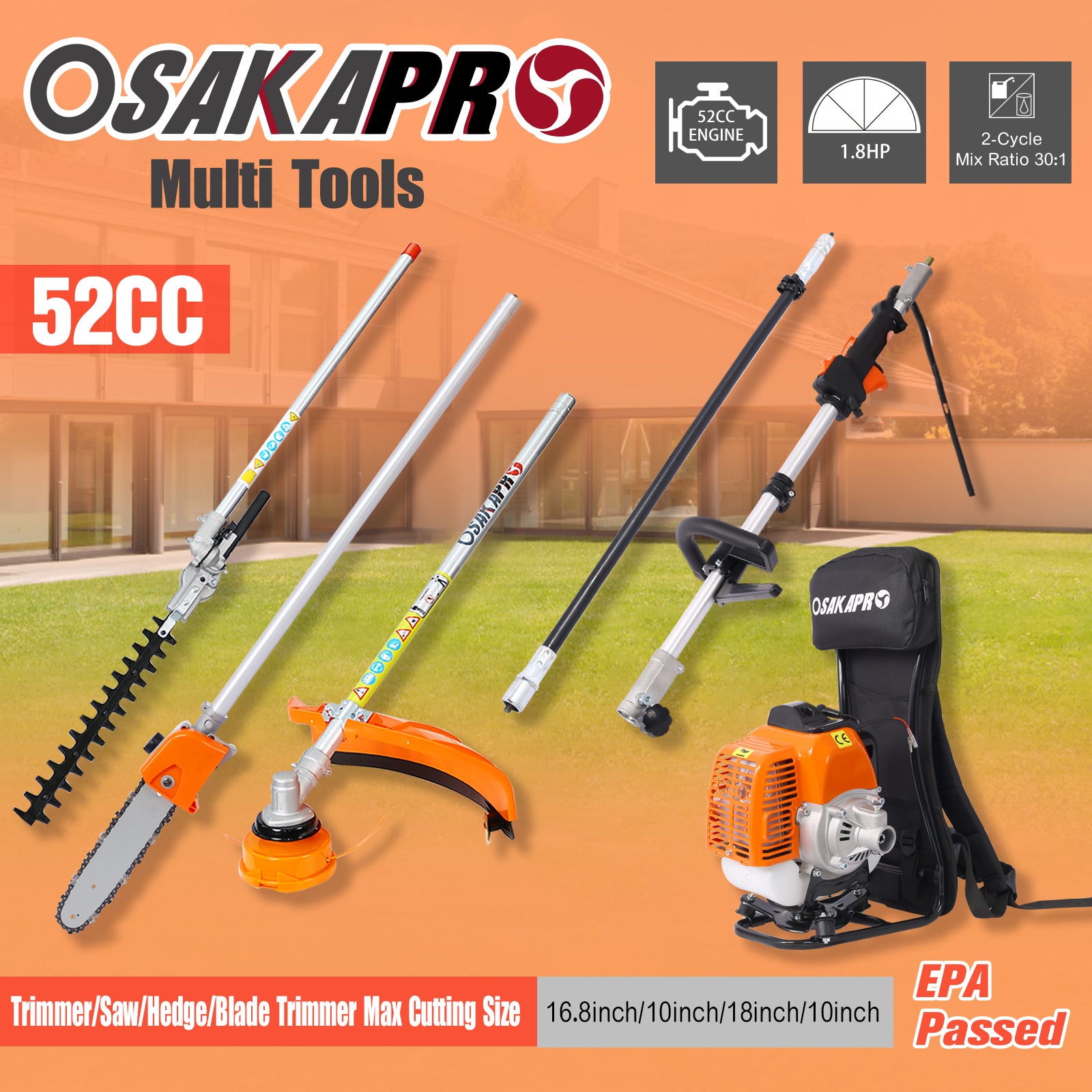 Backpack 4-in-1 52CC Gas Garden Tool System with Pole Saw & Hedge Trimmer