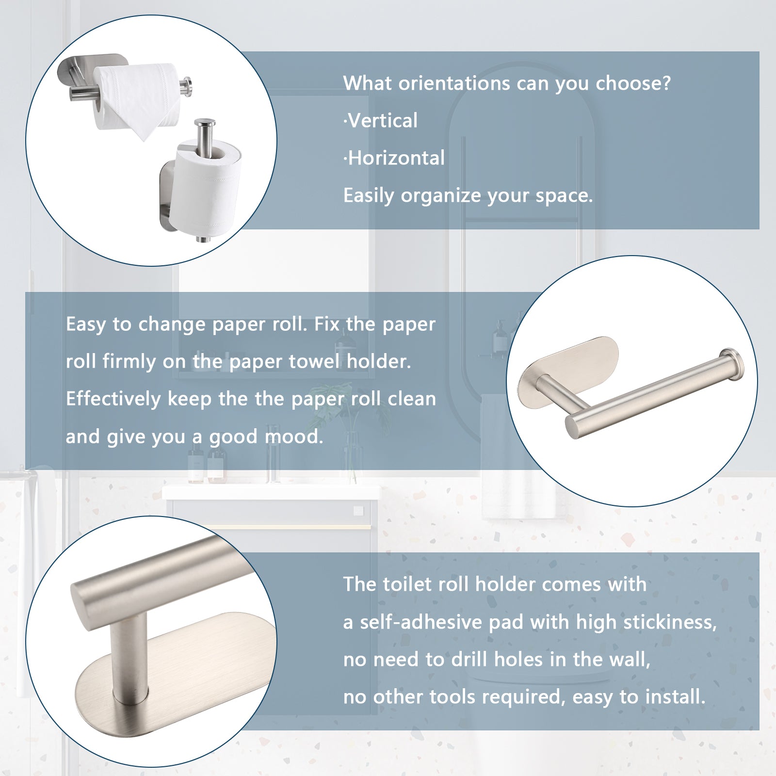 Self-Adhesive Toilet Paper Holder – Stainless Steel, No Drilling, Brushed Nickel, Rustproof
