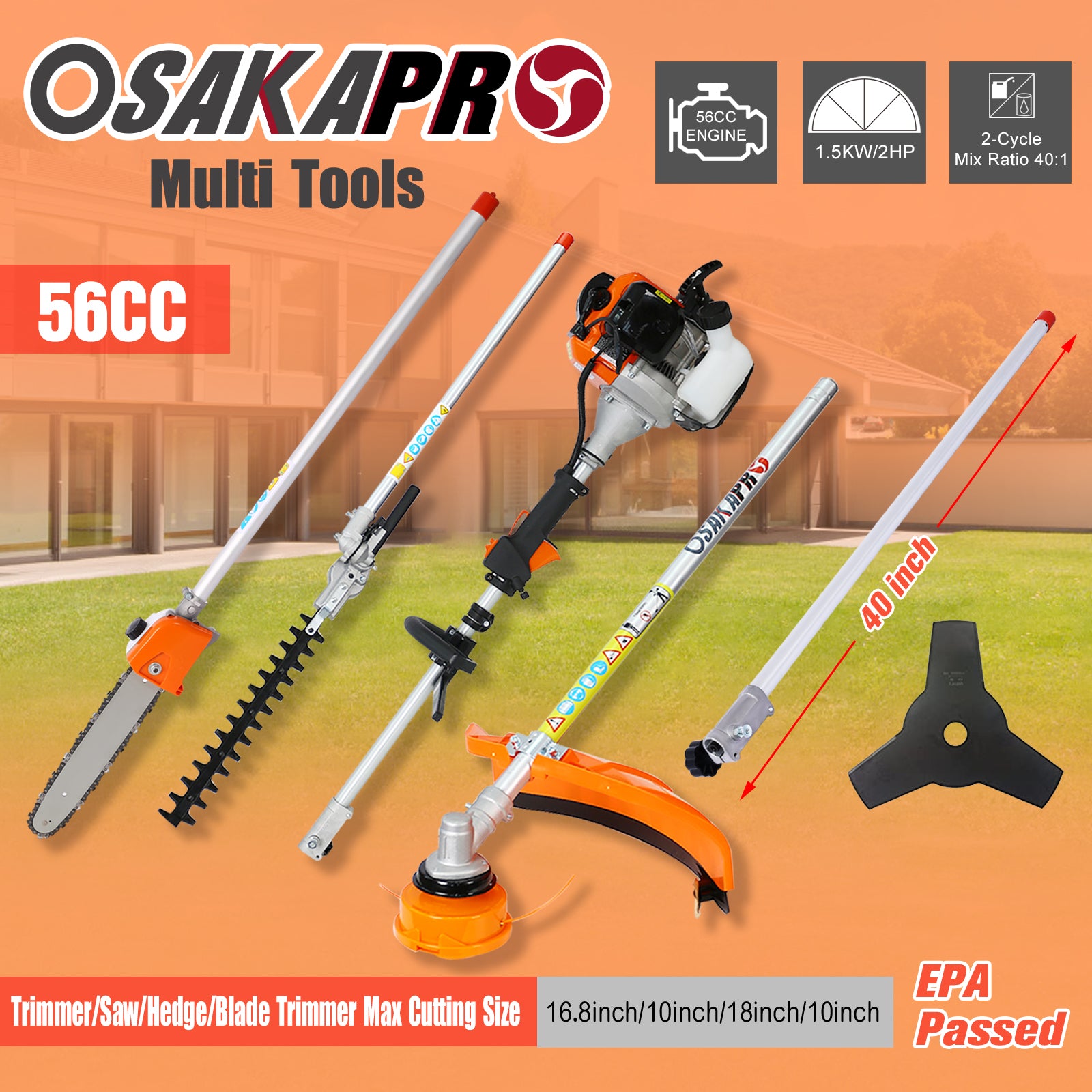 5-in-1 56CC Gas Garden Tool System with Pole Saw, Hedge Trimmer & Brush Cutter