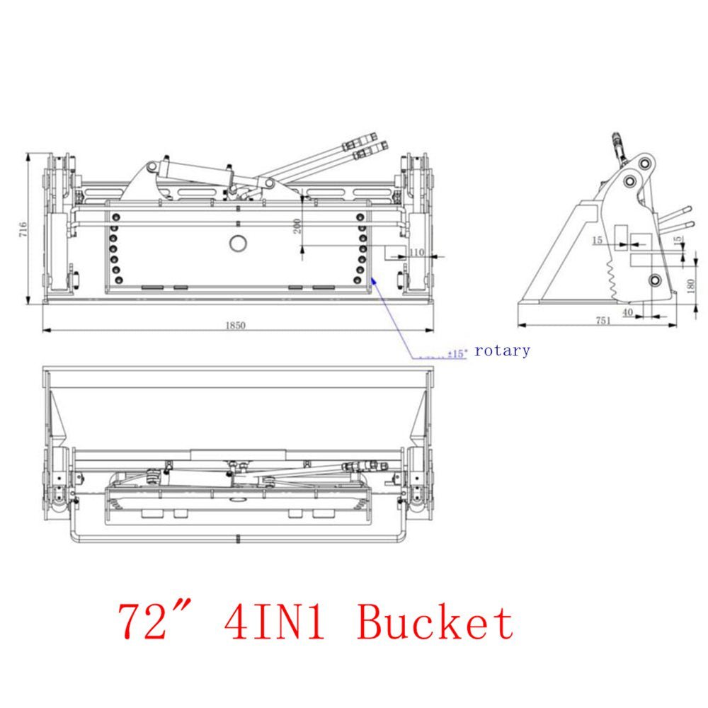 Tilting Skid Steer Attachments 72" 4IN1 Combo Bucket with Cutting Edge Quick Attach, Universal Mount - HomeDIYer
