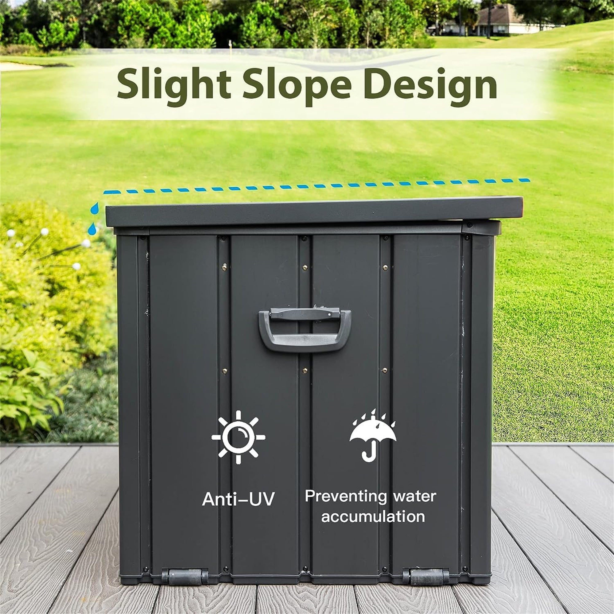 100 Gallon Outdoor Storage Deck Box Waterproof – Lockable Steel Patio Storage Bench for Cushions & Garden Tools, Dark Gray