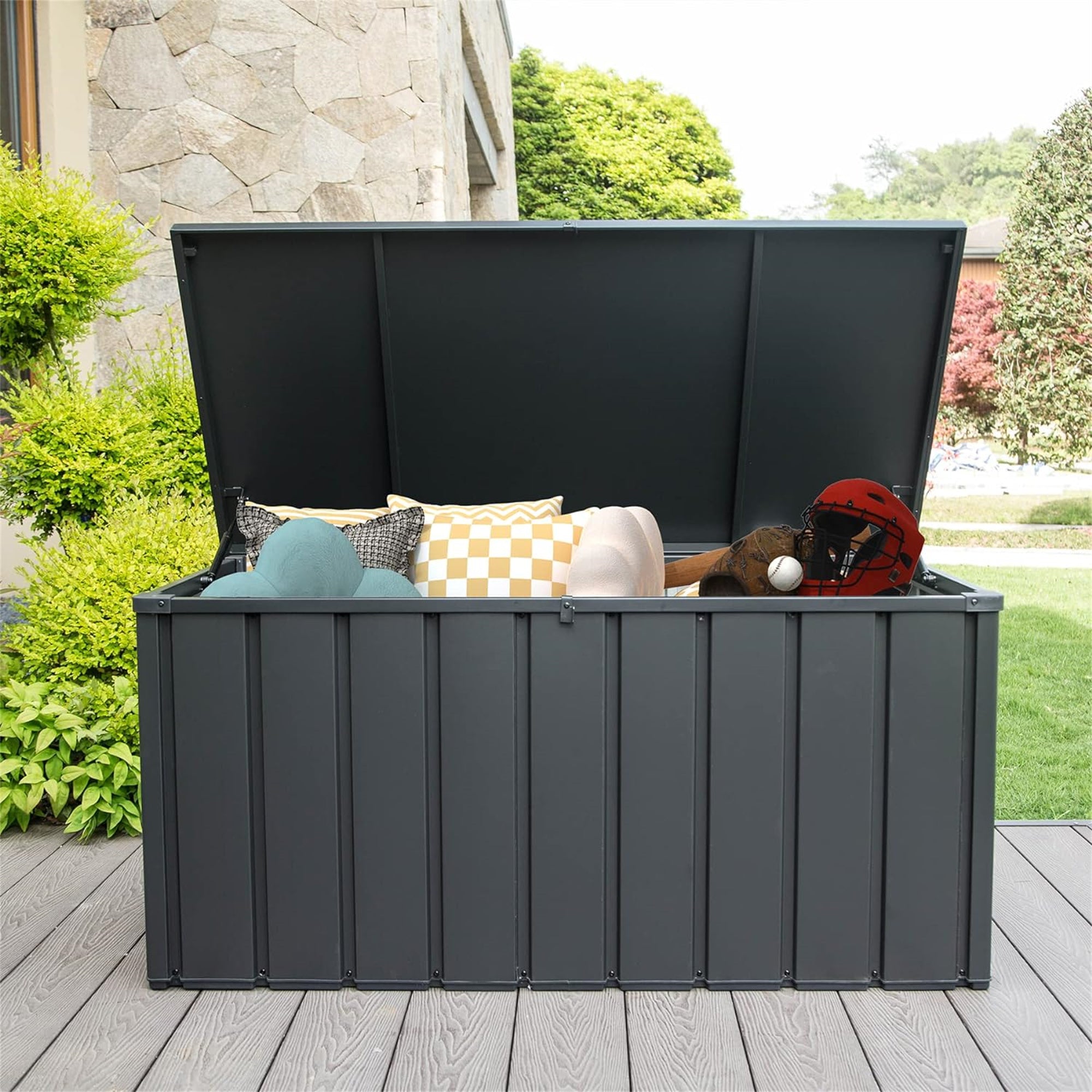 150 Gallon Outdoor Steel Deck Box – Extra-Wide Waterproof Patio Storage Bench, 660 lb Capacity