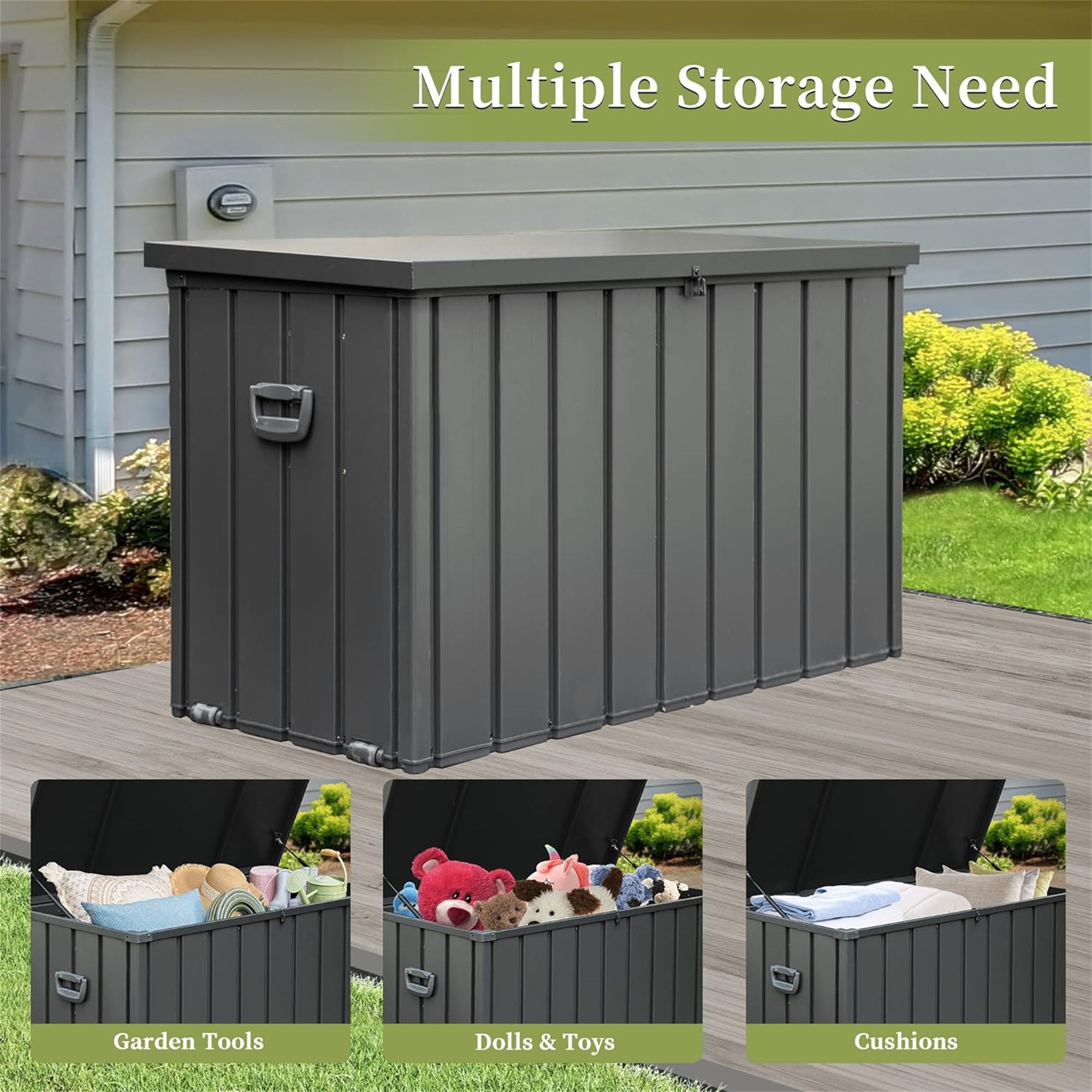 200 Gallon Outdoor Steel Deck Box – Extra-Large Waterproof Patio Storage Bench, Dark Gray