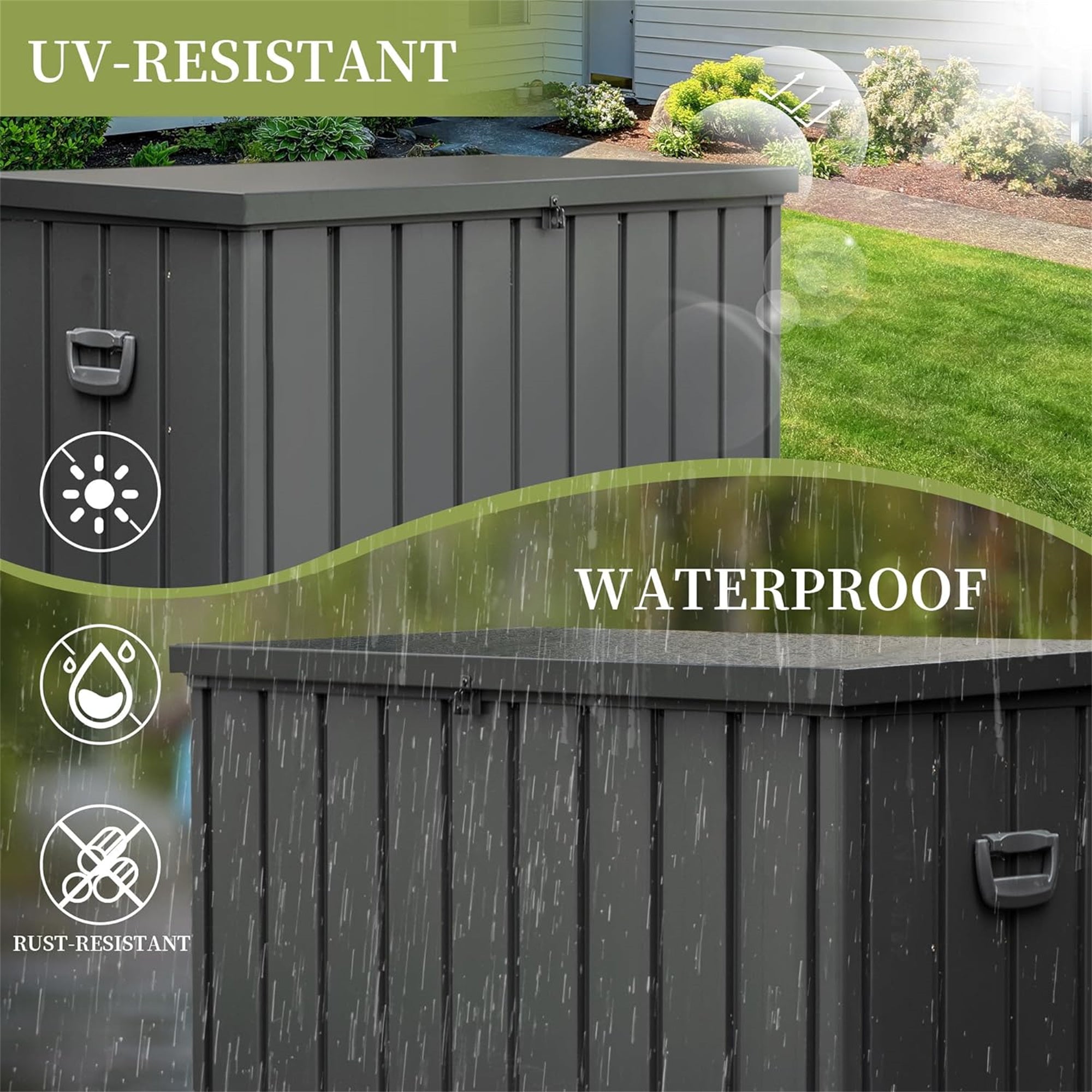 200 Gallon Outdoor Steel Deck Box – Extra-Large Waterproof Patio Storage Bench, Dark Gray