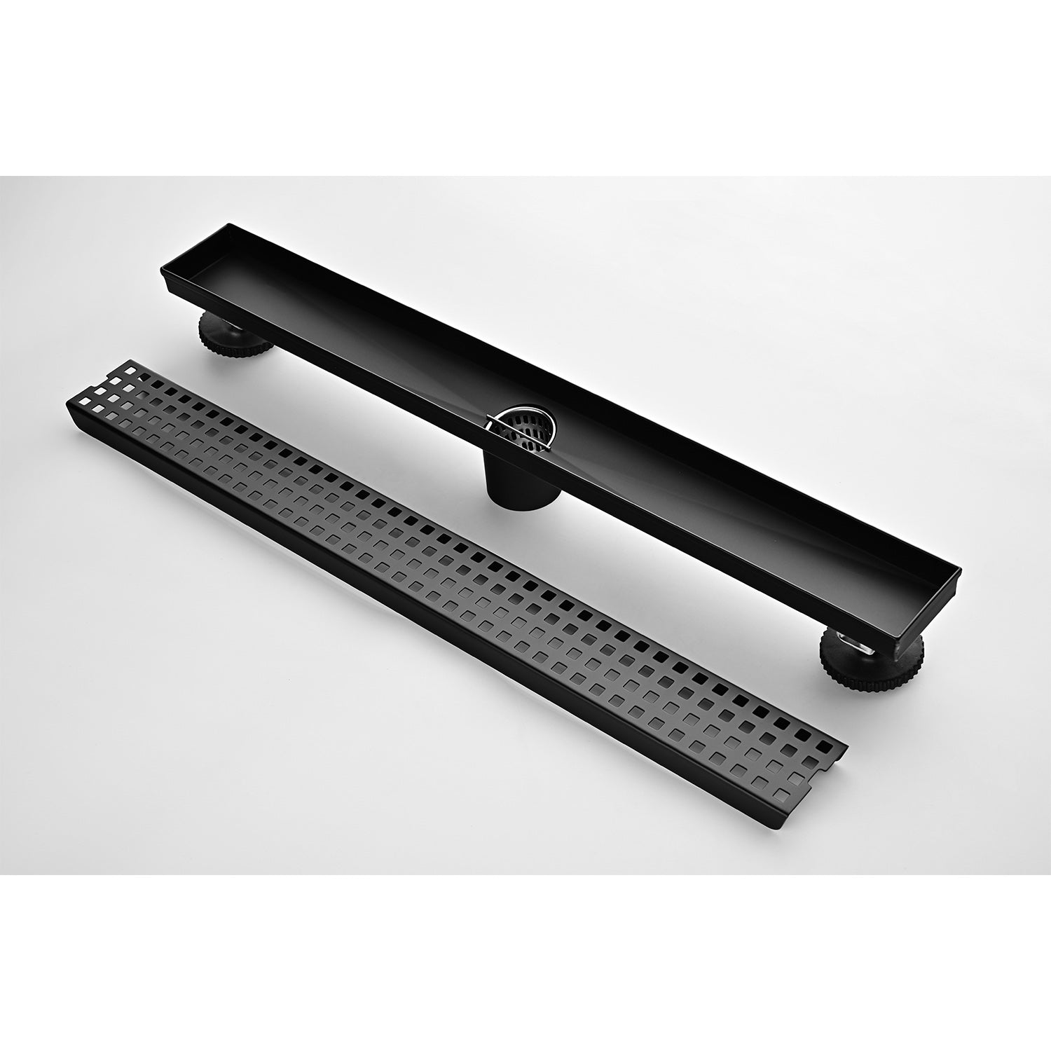 24-Inch Linear Shower Drain – Matte Black Stainless Steel with Hair Strainer & Leveling Feet