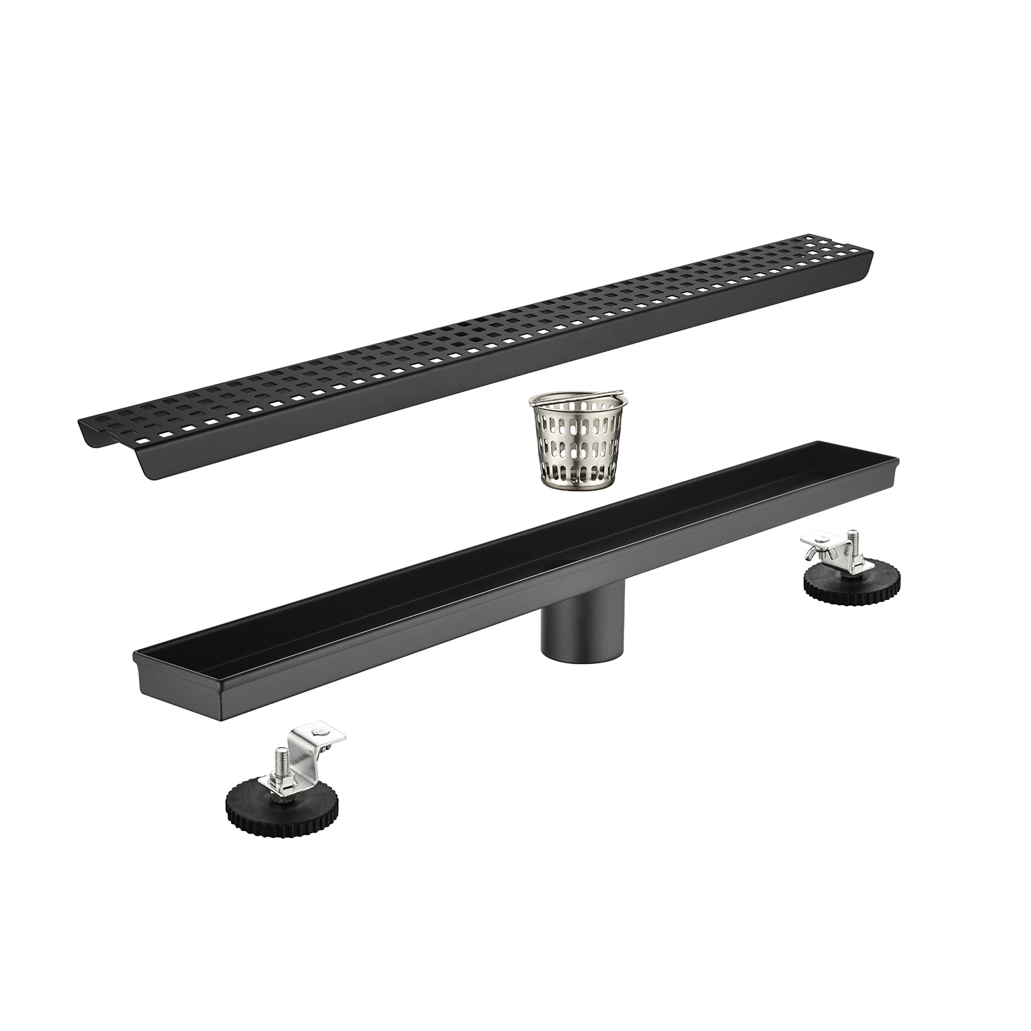 24-Inch Linear Shower Drain – Matte Black Stainless Steel with Hair Strainer & Leveling Feet