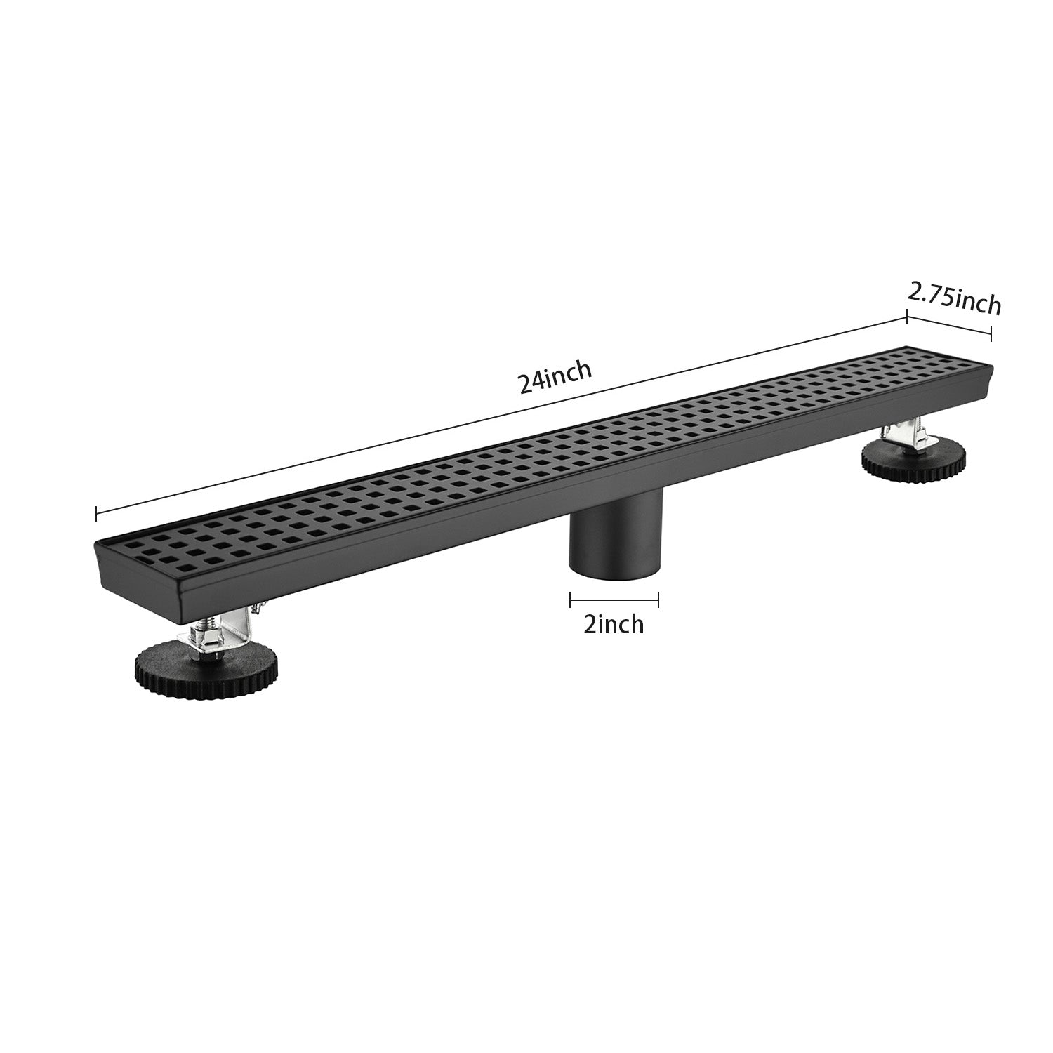 24-Inch Linear Shower Drain – Matte Black Stainless Steel with Hair Strainer & Leveling Feet