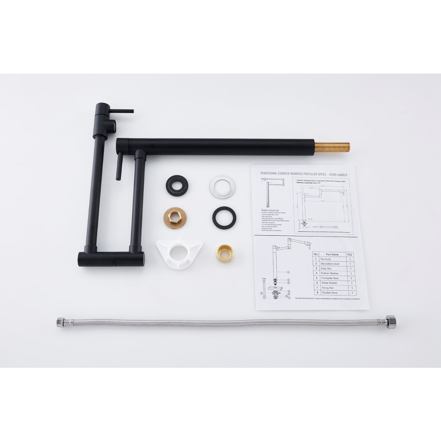 Pot Filler Faucet with Extension Shank – Matte Black, Folding Swivel Arm, Dual Handle, Solid Brass