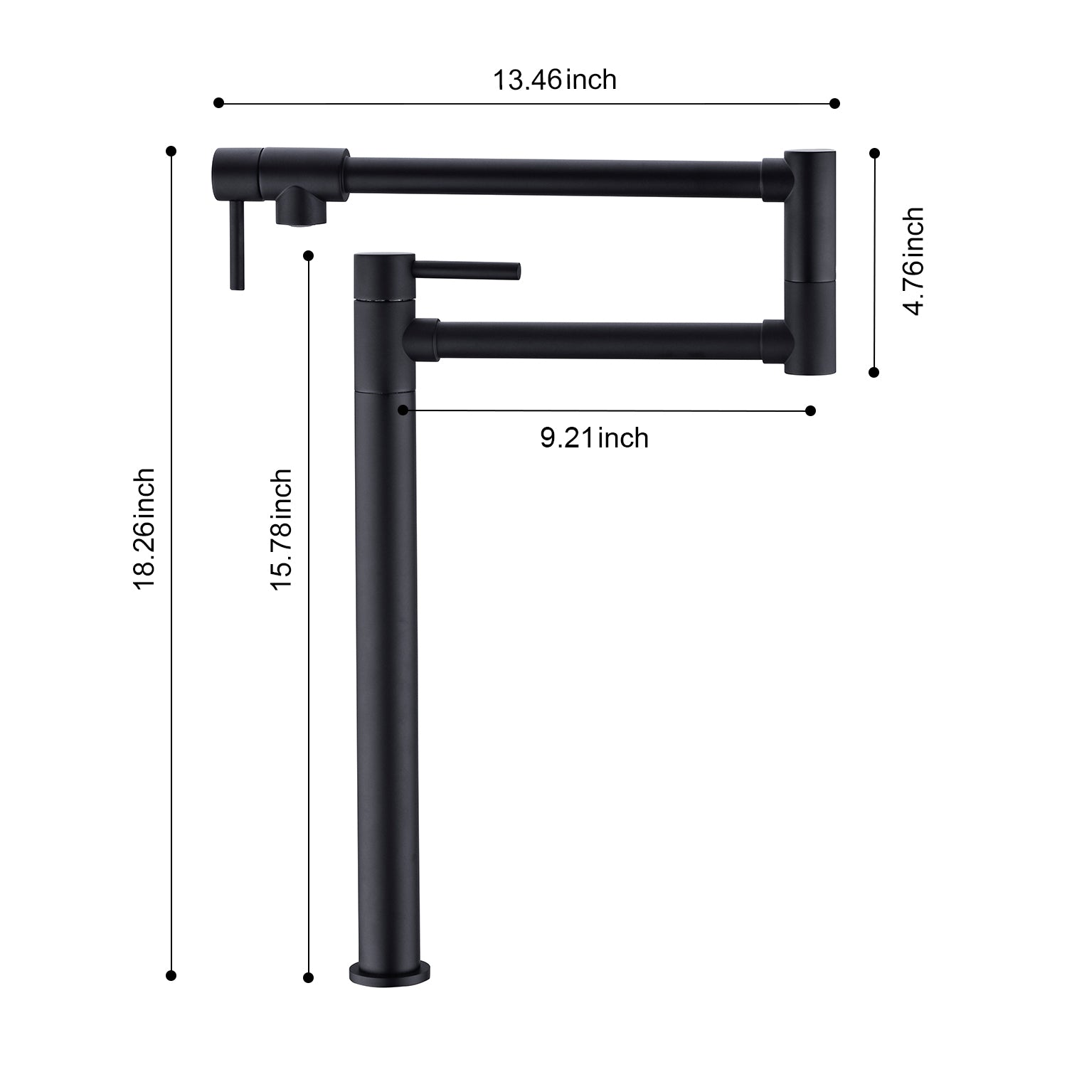 Pot Filler Faucet with Extension Shank – Matte Black, Folding Swivel Arm, Dual Handle, Solid Brass