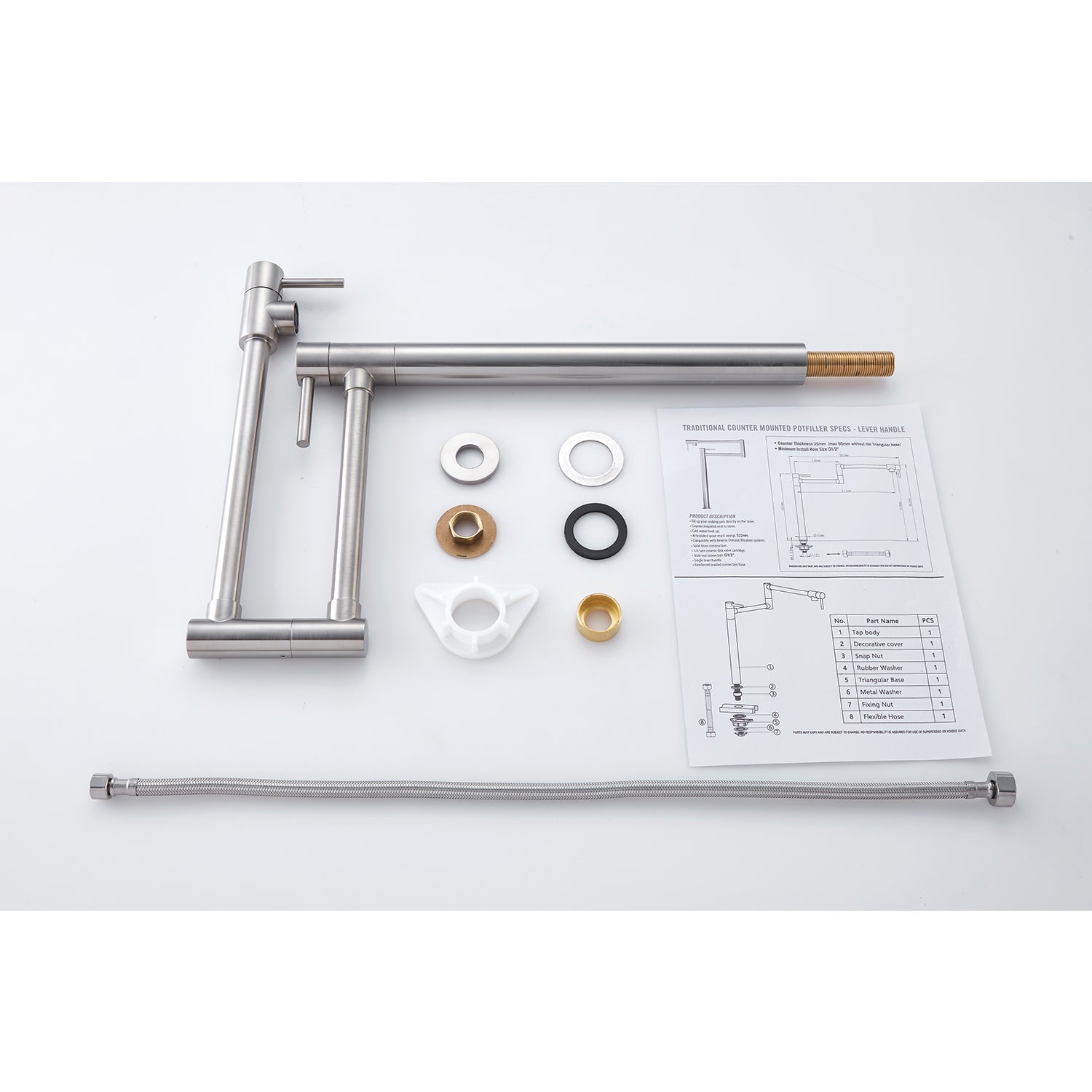 Pot Filler Faucet with Extension Shank – Brushed Nickel, Folding Swivel Arm, Dual Handle, Solid Brass