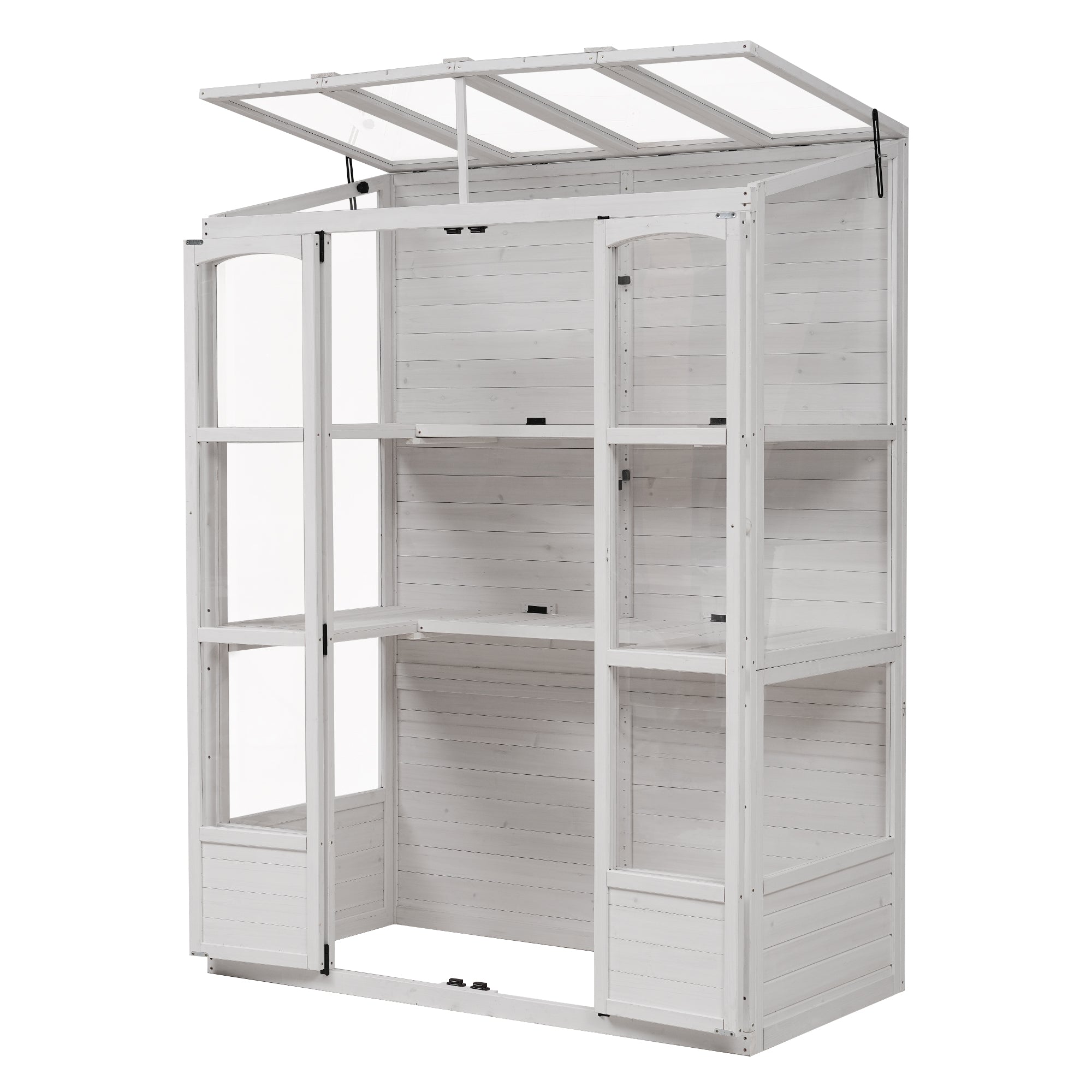 78‑Inch Wooden Walk‑In Greenhouse Cold Frame — 4 Skylights, 2 Folding Shelves & Polycarbonate Panels White