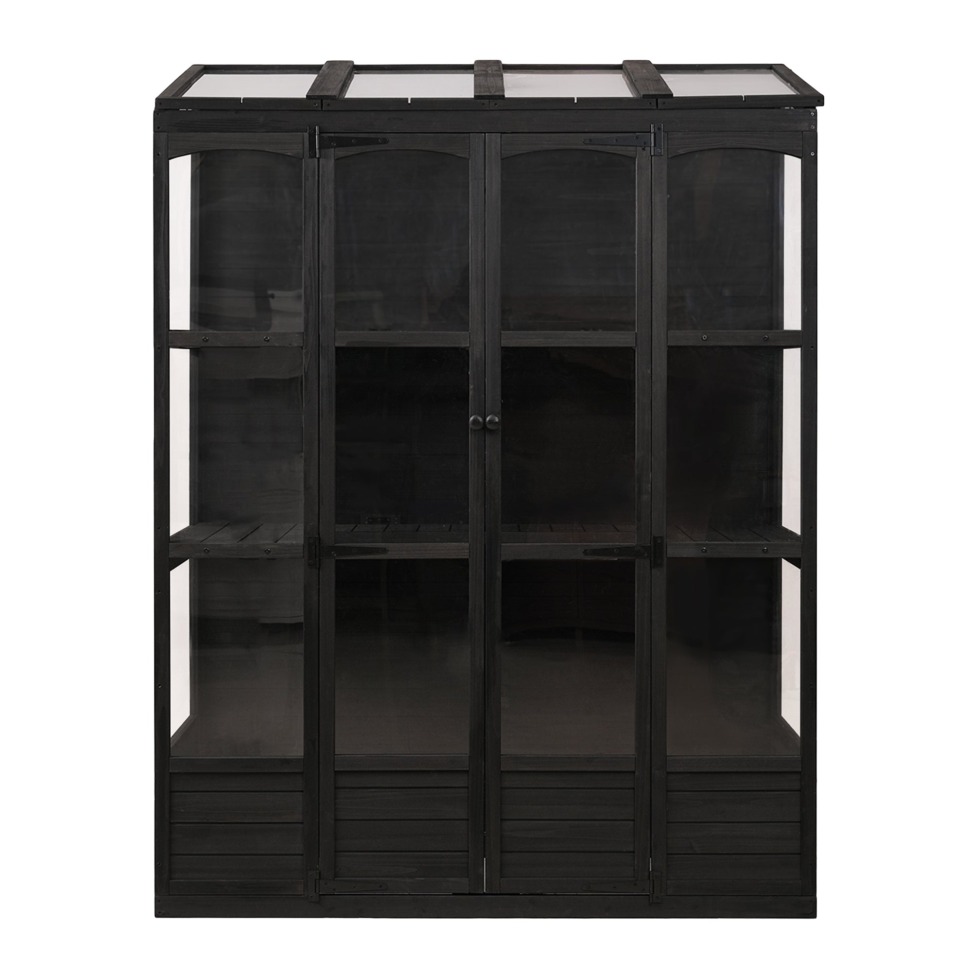 78‑Inch Wooden Walk‑In Greenhouse Cold Frame — 4 Skylights, 2 Folding Shelves & Polycarbonate Panels Black