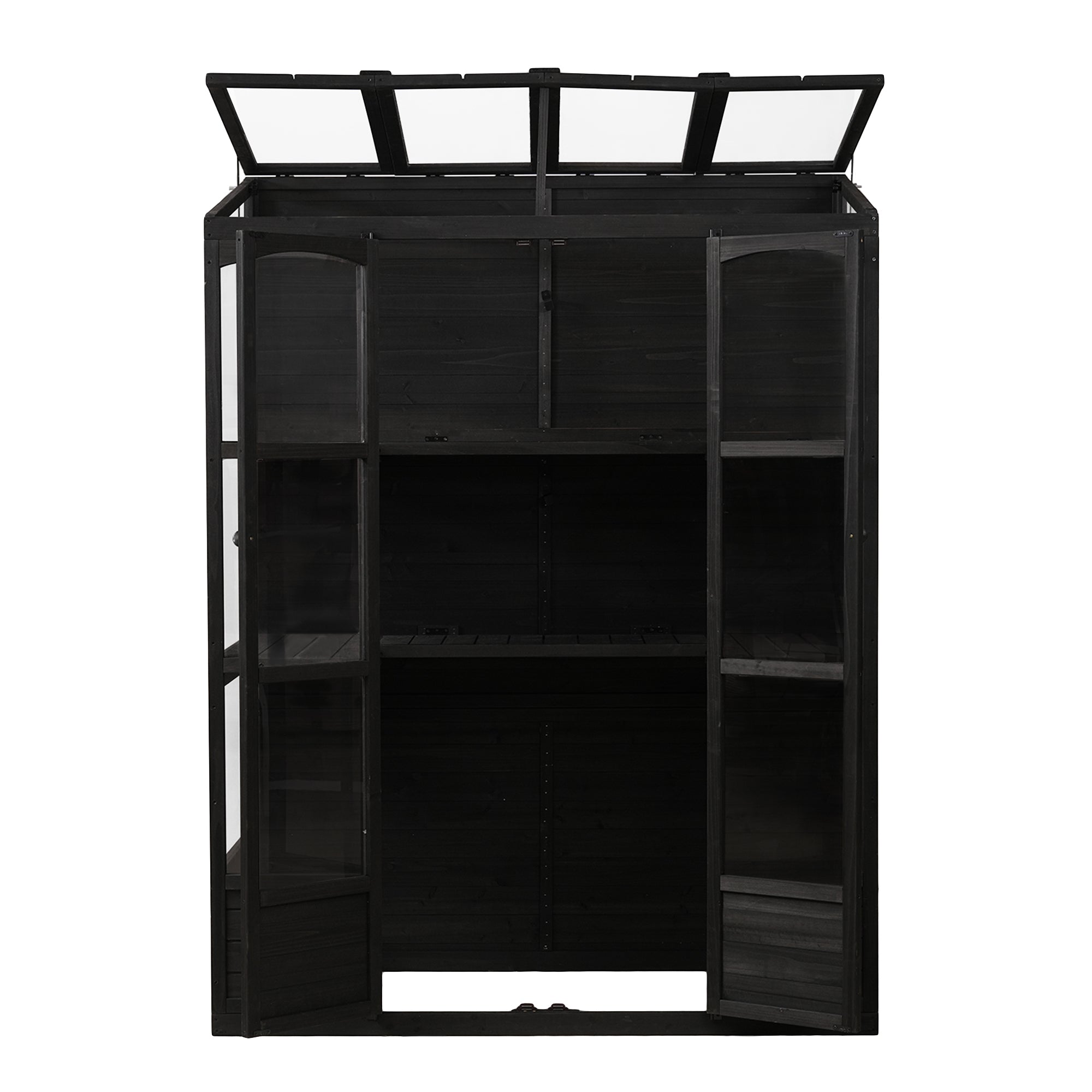 78‑Inch Wooden Walk‑In Greenhouse Cold Frame — 4 Skylights, 2 Folding Shelves & Polycarbonate Panels Black