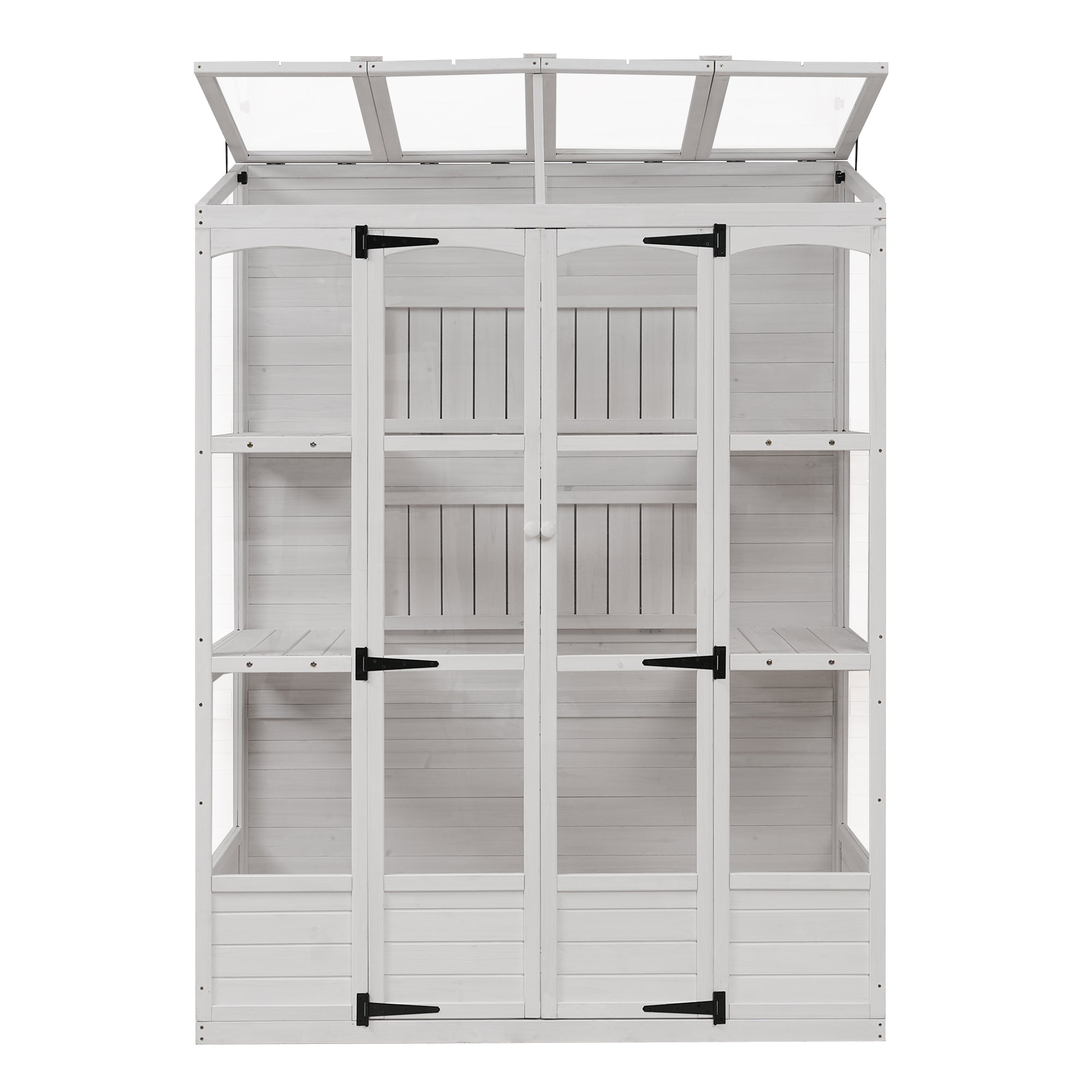78‑Inch Wooden Walk‑In Greenhouse Cold Frame — 4 Skylights, 2 Folding Shelves & Polycarbonate Panels White