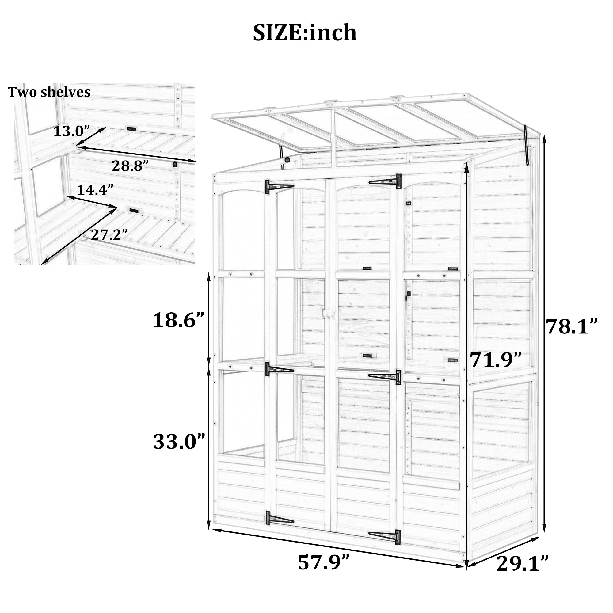 78‑Inch Wooden Walk‑In Greenhouse Cold Frame — 4 Skylights, 2 Folding Shelves & Polycarbonate Panels Black