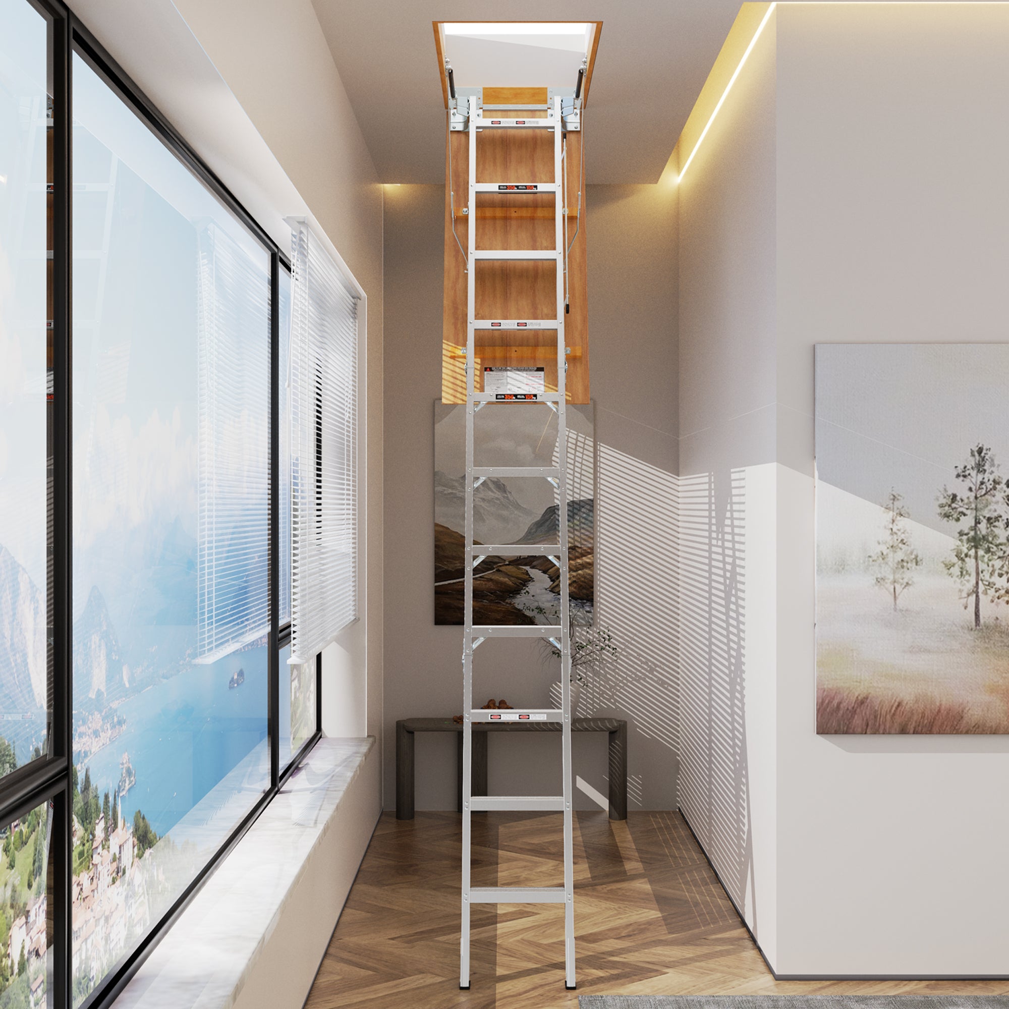 Aluminum Attic Ladder – 350 lb Capacity, 22.5" x 54" Opening, Fits 7'8" to 10'3" Ceilings, Metallic Grey