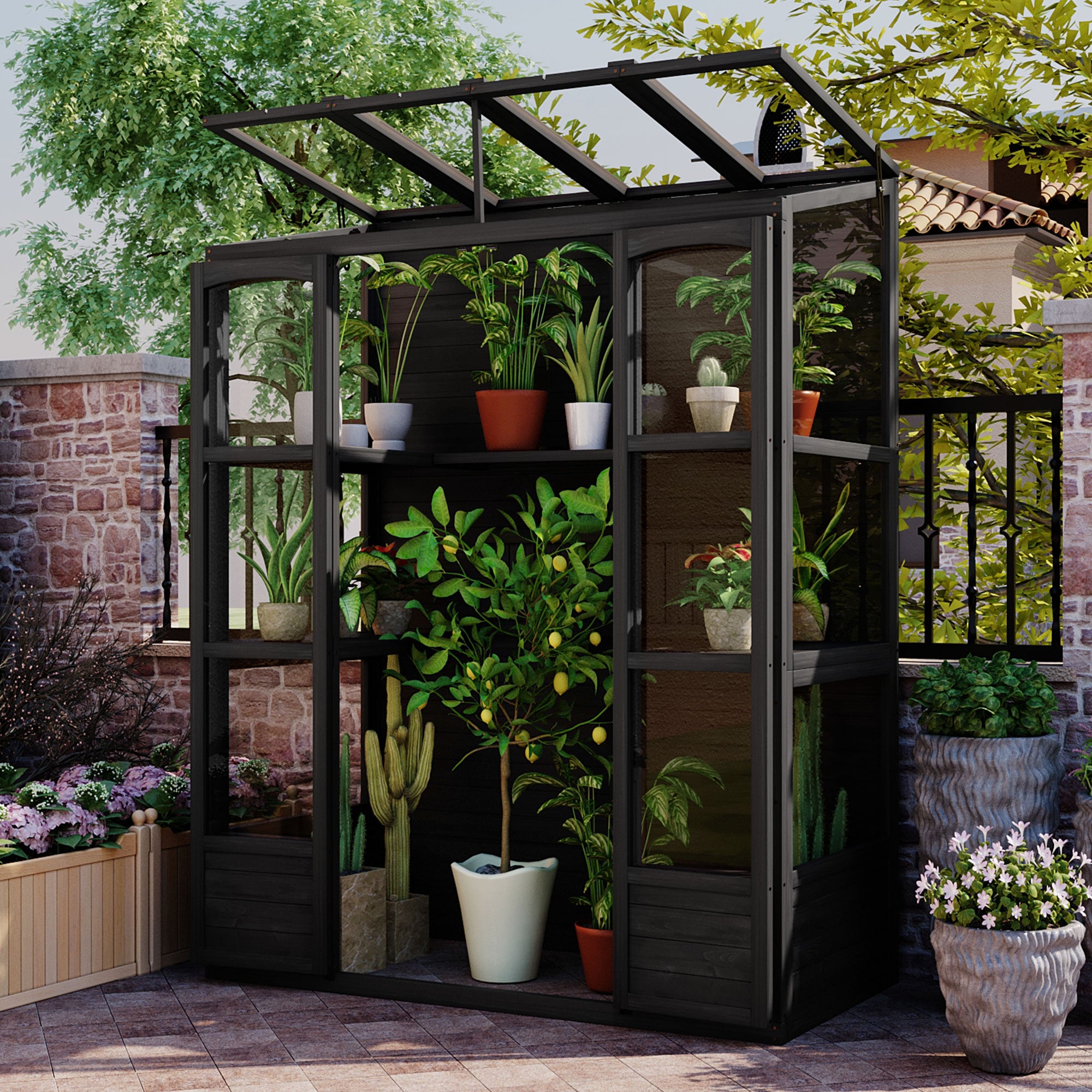78‑Inch Wooden Walk‑In Greenhouse Cold Frame — 4 Skylights, 2 Folding Shelves & Polycarbonate Panels Black