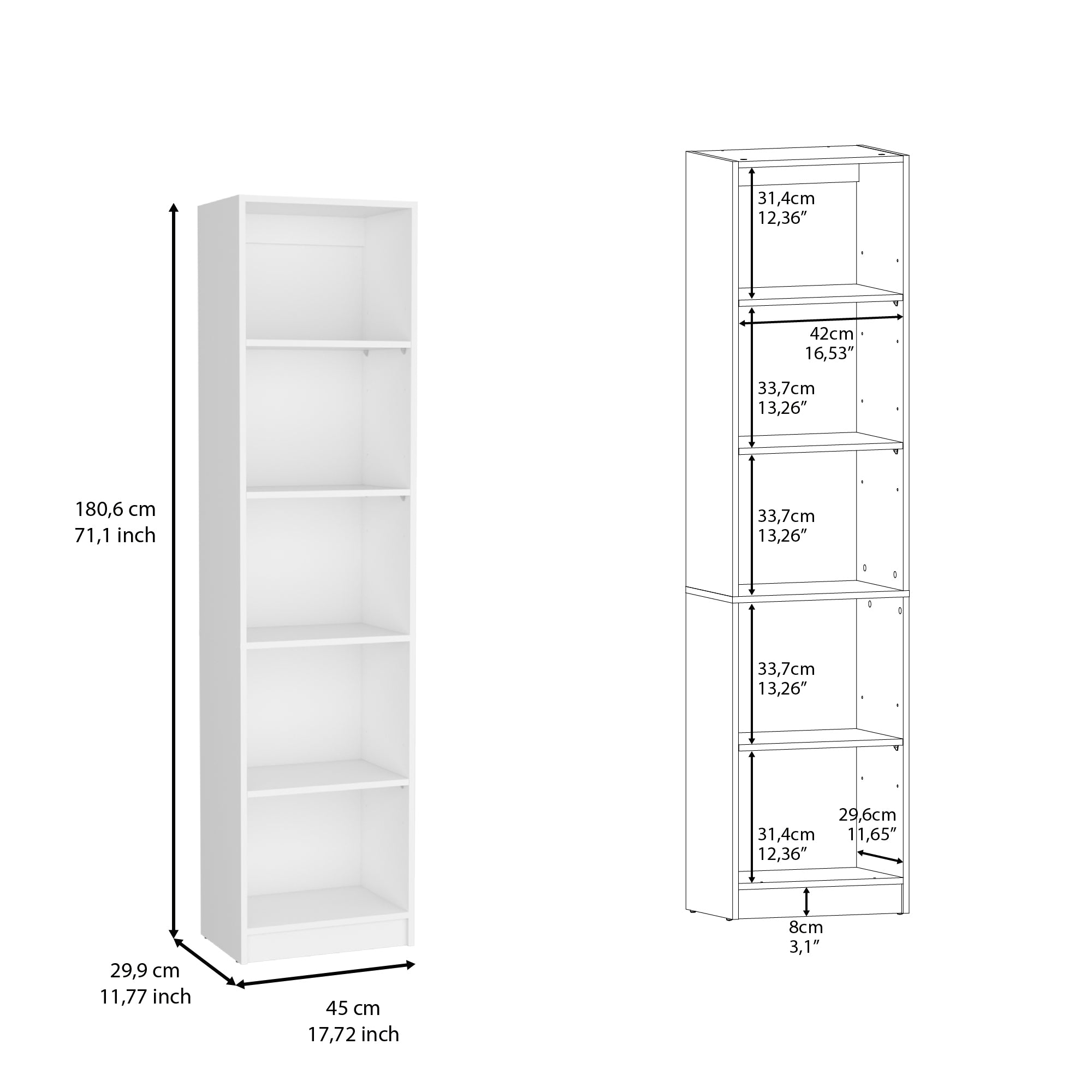 Vinton XS Bookcase Compact Bookshelf with Multiple Shelves, White