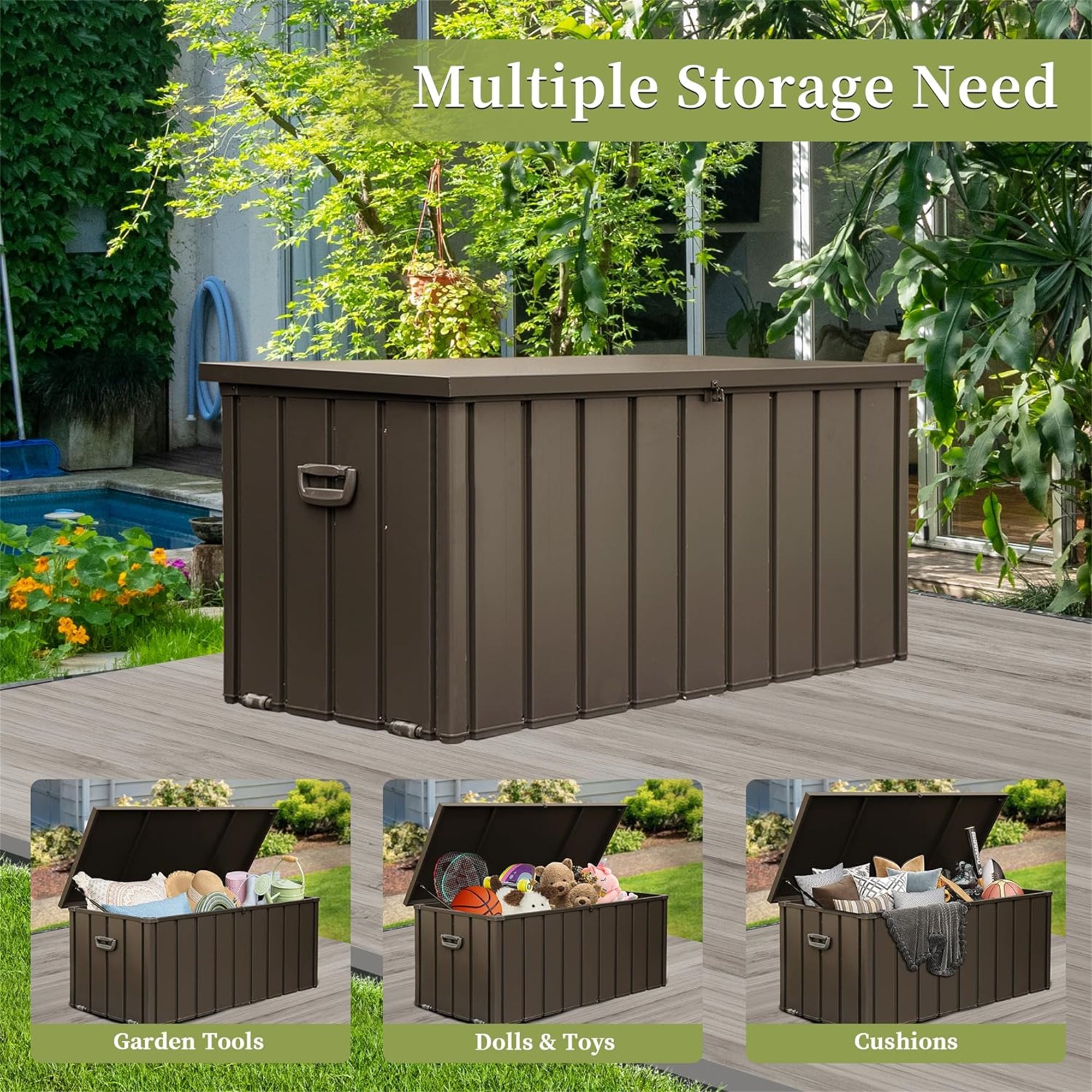 200 Gallon Outdoor Steel Deck Box – Extra-Large Waterproof Patio Storage Bench, Dark Brown