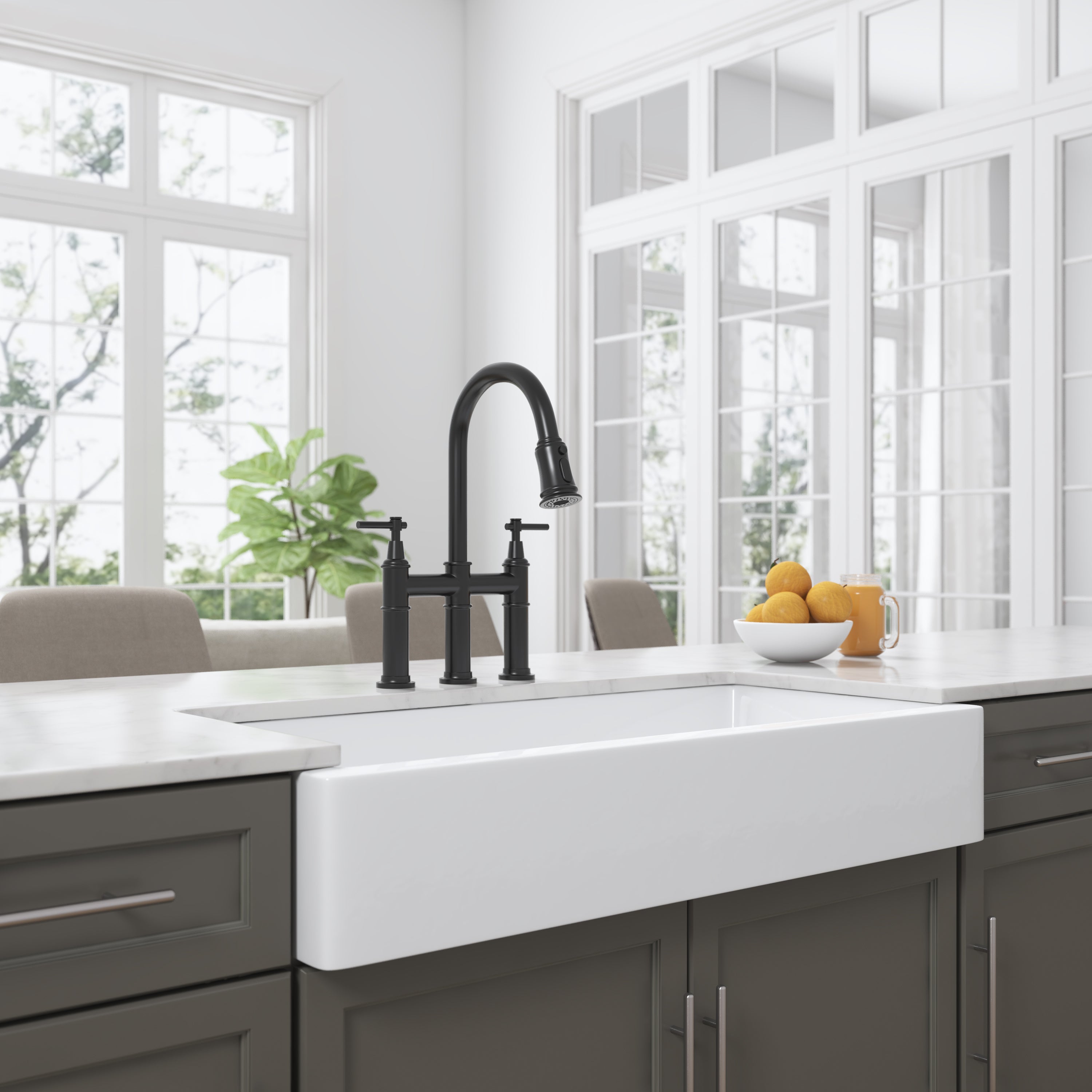 Bridge Kitchen Faucet with Pull-Down Sprayhead – Matte Black, Dual Handle, 360° Swivel, Solid Brass