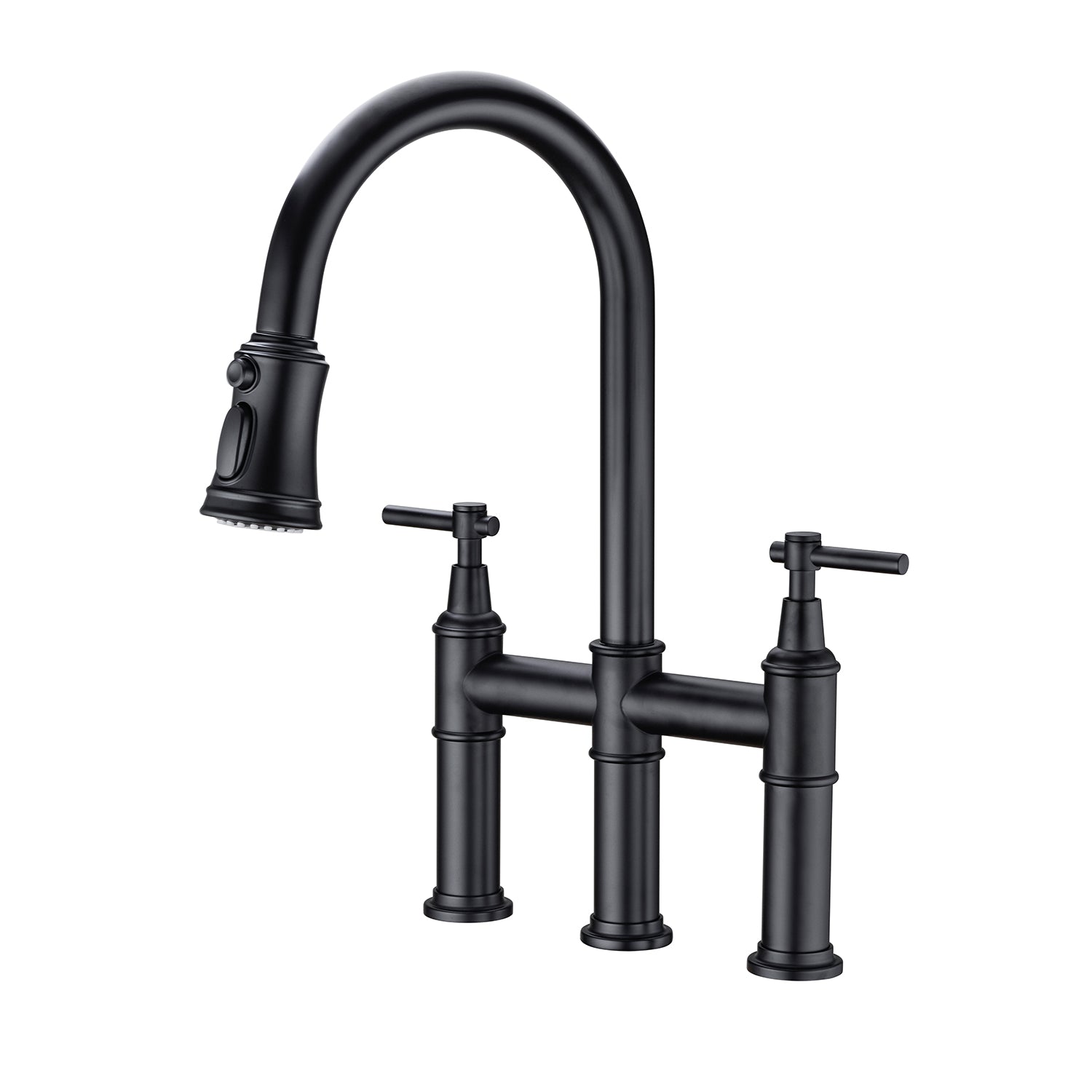 Bridge Kitchen Faucet with Pull-Down Sprayhead – Matte Black, Dual Handle, 360° Swivel, Solid Brass