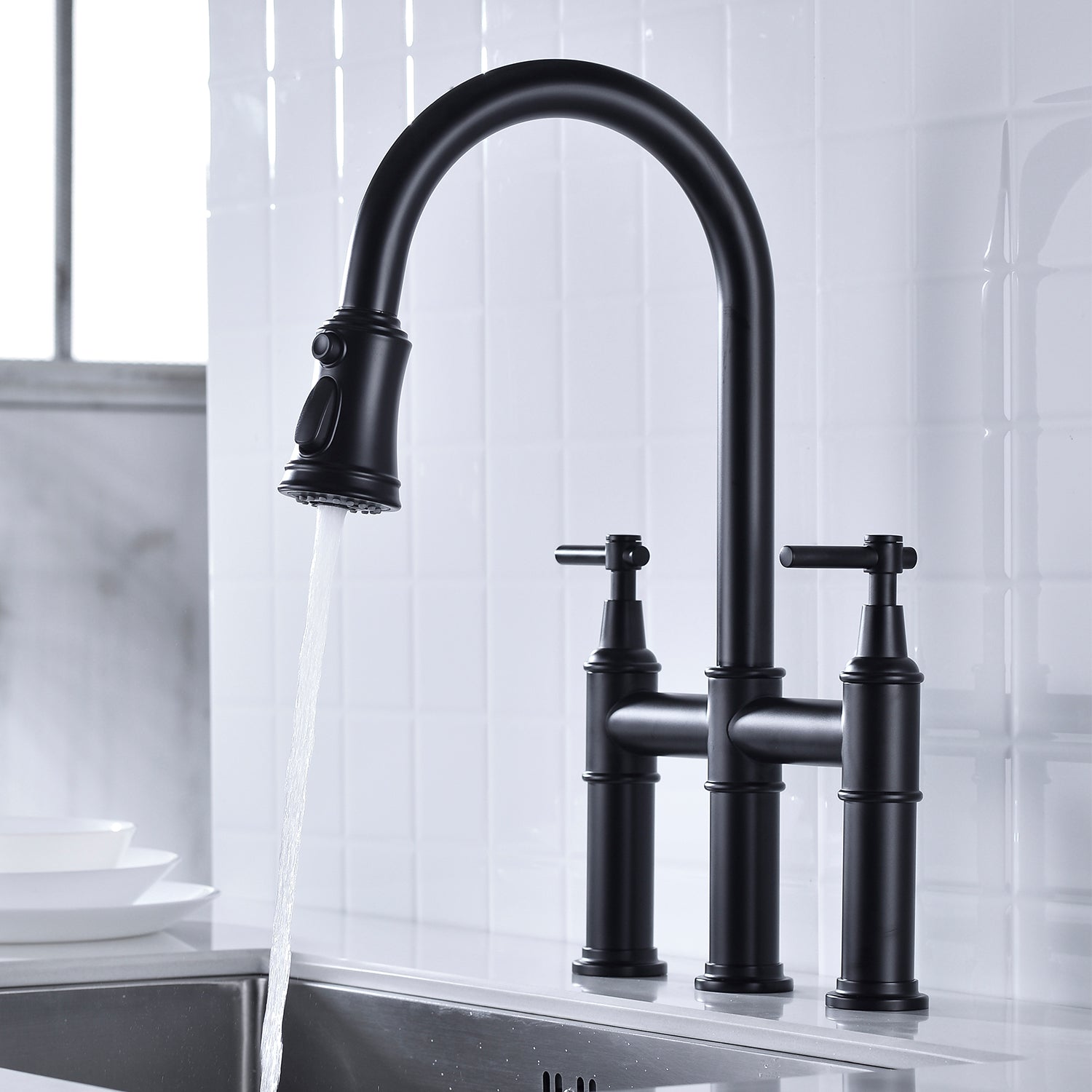Bridge Kitchen Faucet with Pull-Down Sprayhead – Matte Black, Dual Handle, 360° Swivel, Solid Brass