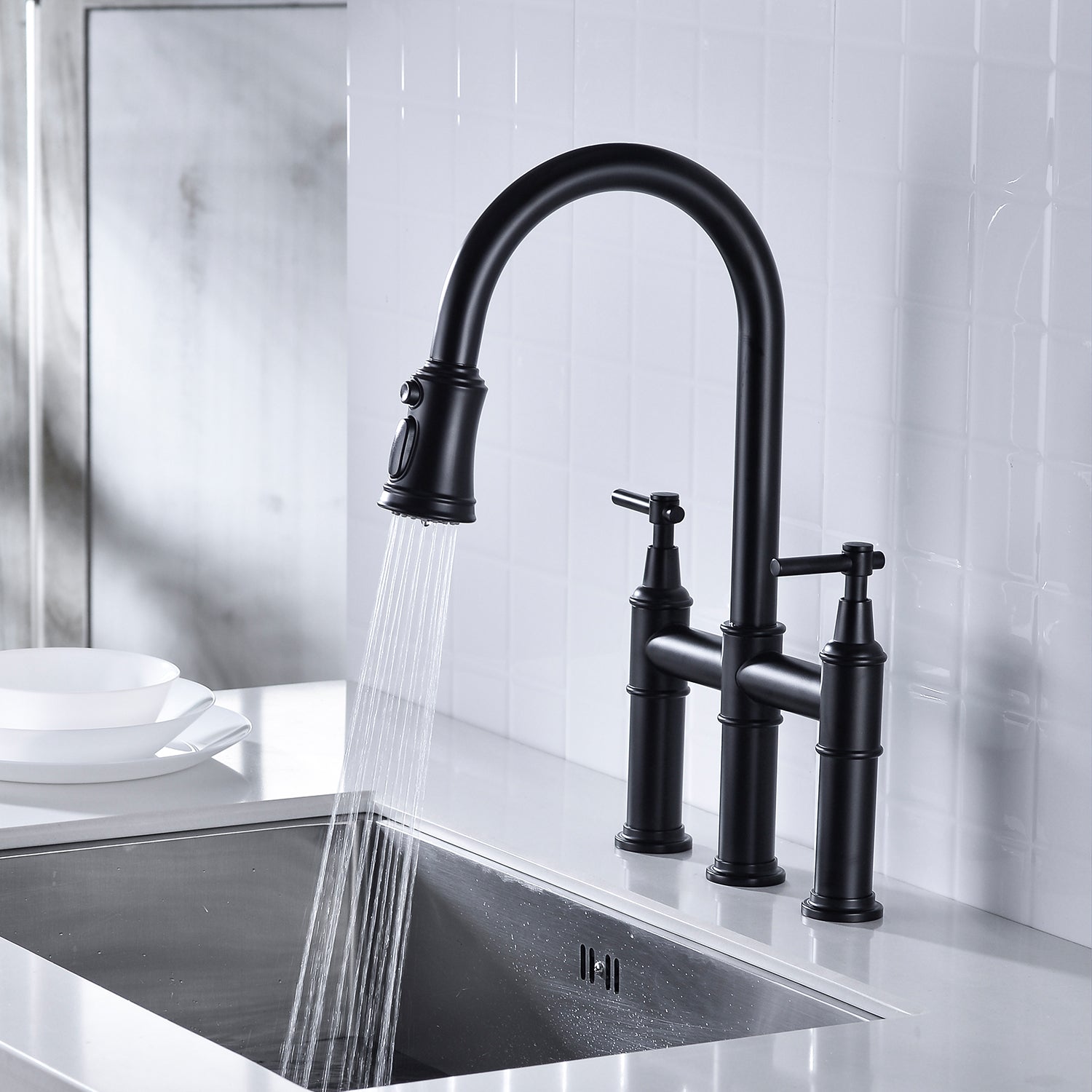 Bridge Kitchen Faucet with Pull-Down Sprayhead – Matte Black, Dual Handle, 360° Swivel, Solid Brass