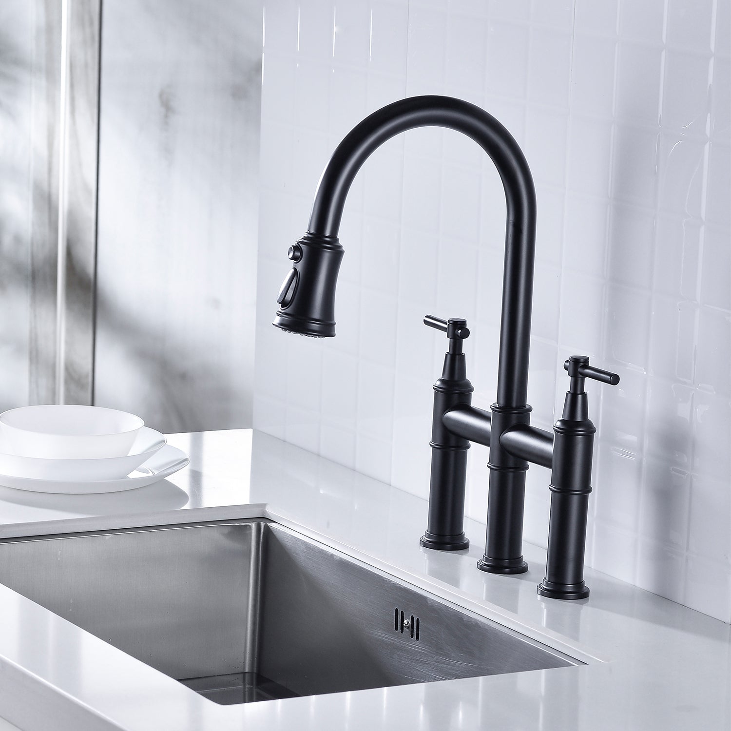 Bridge Kitchen Faucet with Pull-Down Sprayhead – Matte Black, Dual Handle, 360° Swivel, Solid Brass