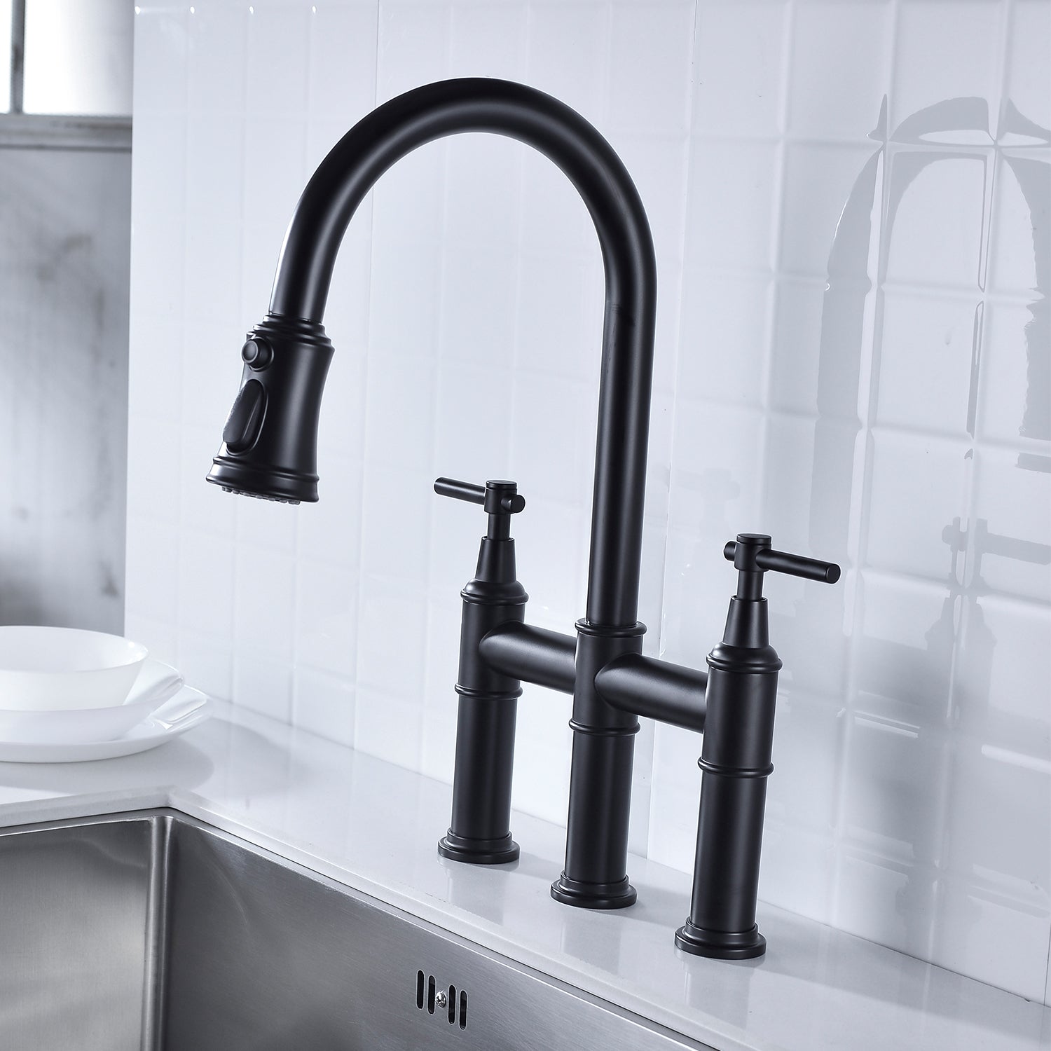 Bridge Kitchen Faucet with Pull-Down Sprayhead – Matte Black, Dual Handle, 360° Swivel, Solid Brass