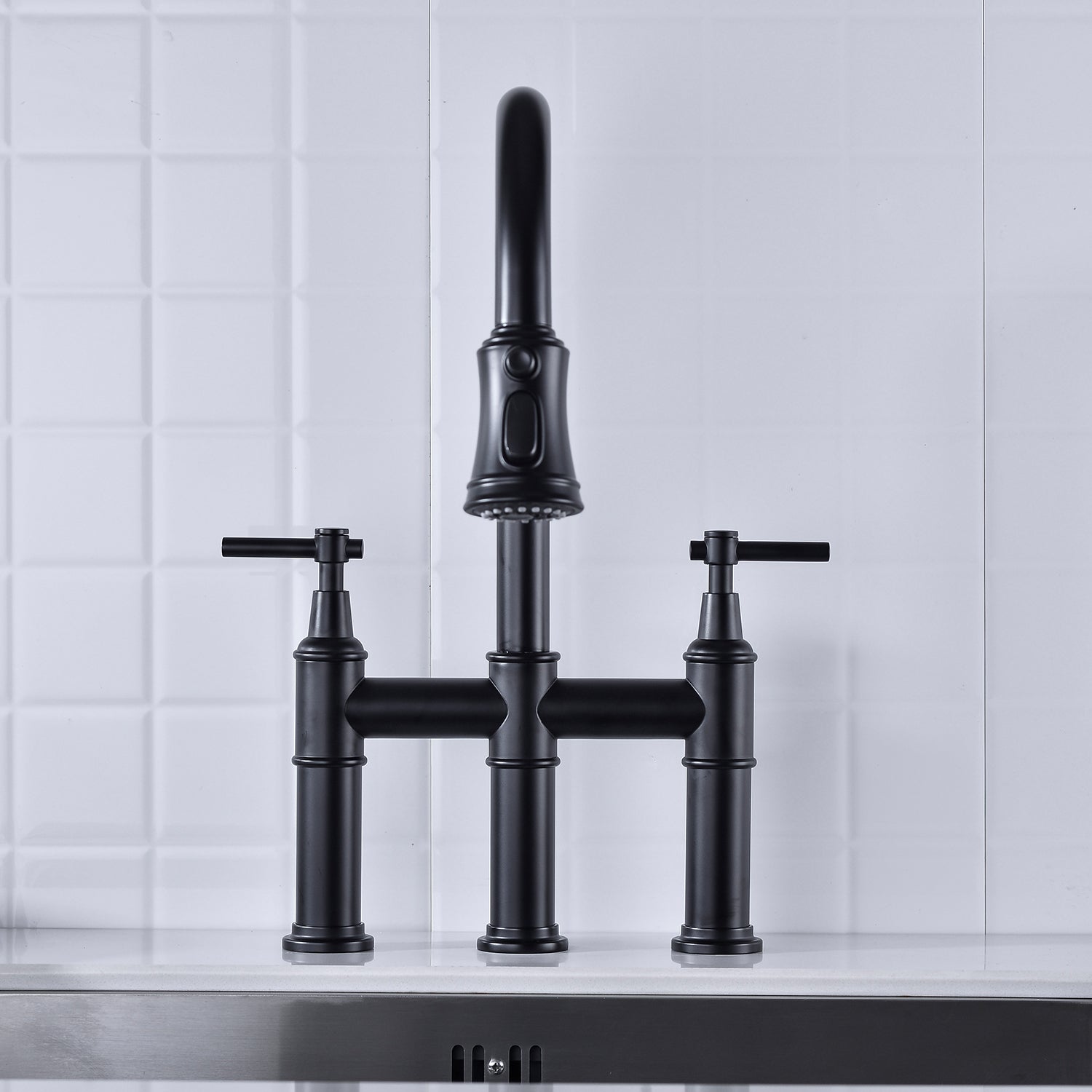 Bridge Kitchen Faucet with Pull-Down Sprayhead – Matte Black, Dual Handle, 360° Swivel, Solid Brass