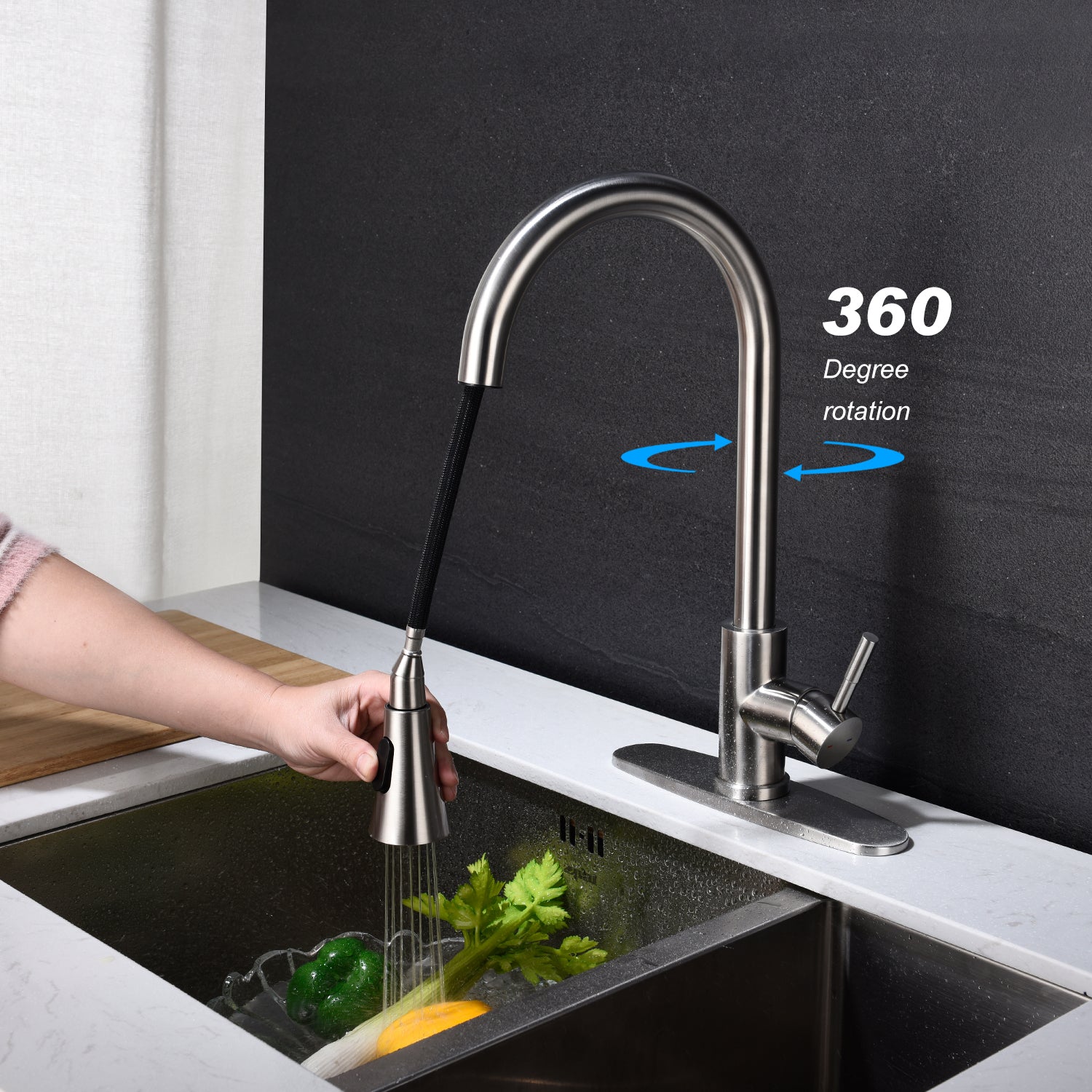 Kitchen Faucet with Pull Out Sprayer – Brushed Nickel, 360° Swivel, Single Handle, Stainless Steel