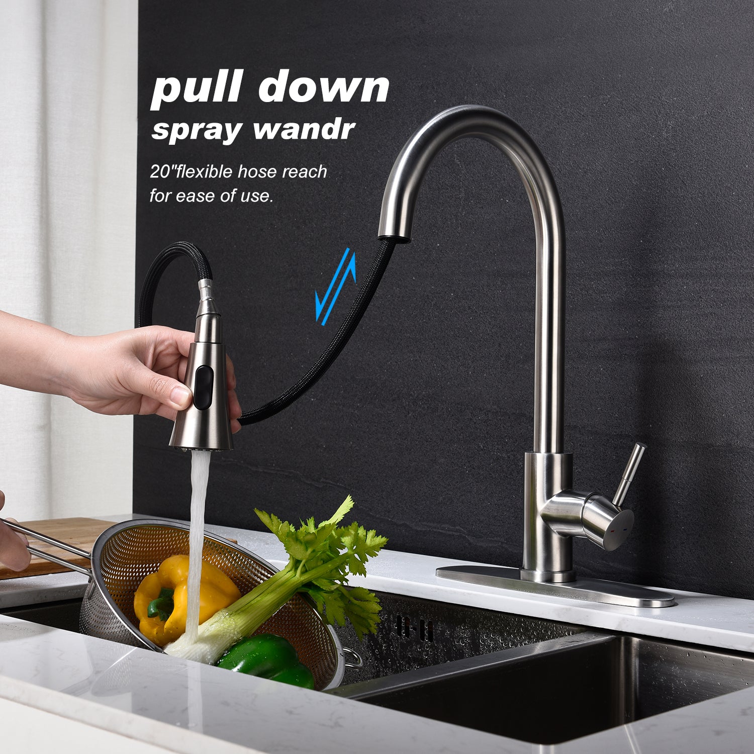 Kitchen Faucet with Pull Out Sprayer – Brushed Nickel, 360° Swivel, Single Handle, Stainless Steel