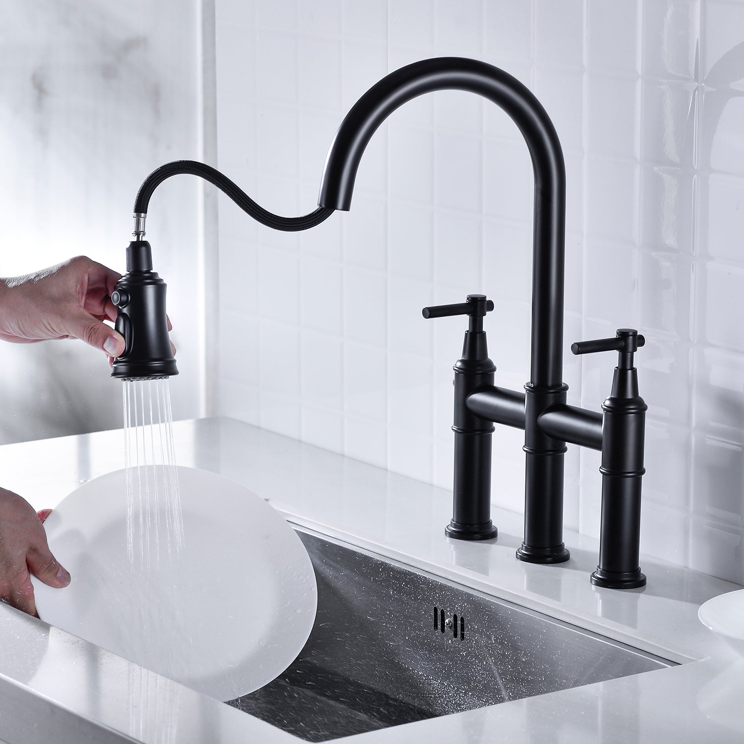 Bridge Kitchen Faucet with Pull-Down Sprayhead – Matte Black, Dual Handle, 360° Swivel, Solid Brass