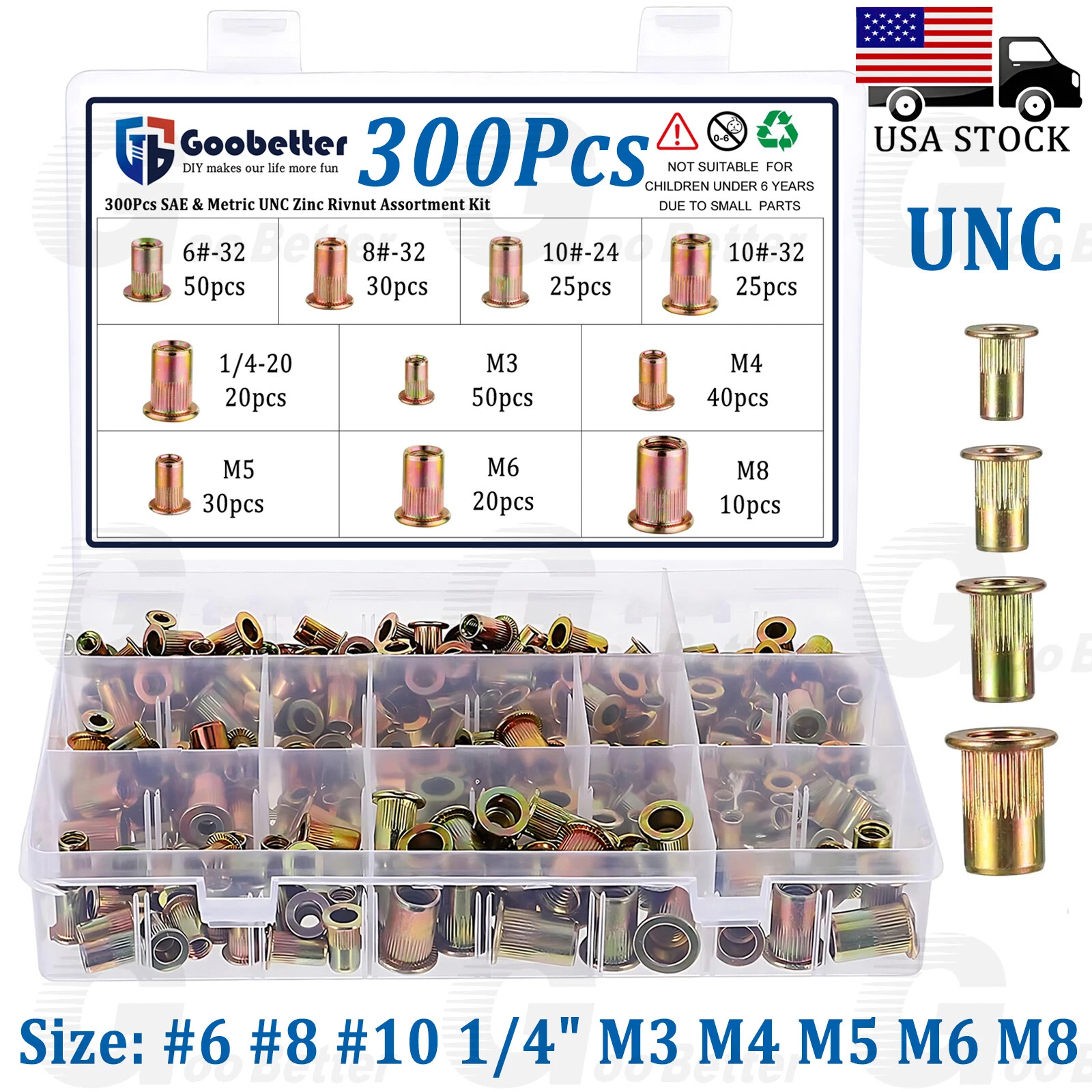 300PCS Zinc Steel Rivet Nut Kit Rivnut Nutsert Assort 150Pcs SAE + 150Pcs Metric