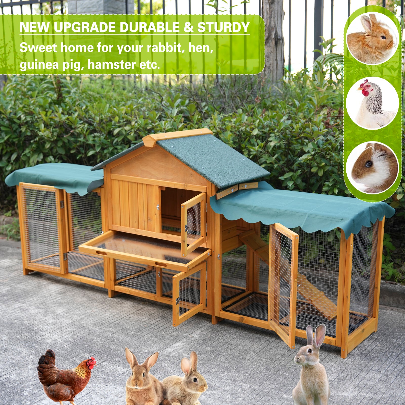 82-Inch Extra Large Outdoor Rabbit Hutch with Waterproof Roof & Pull-Out Tray