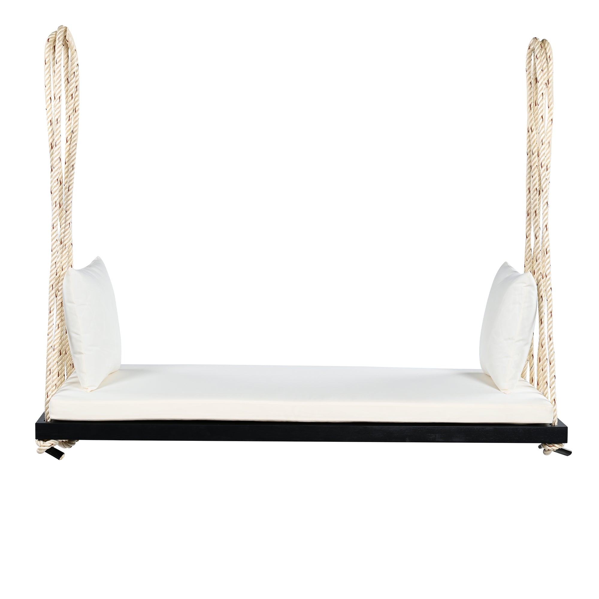 TOPMAX Patio Wooden Swing Chair, Hanging Porch Swing Bench with Cushion&Pillows, 10.8Ft Hemp Ropes for Garden,Backyard, Lawn,Black