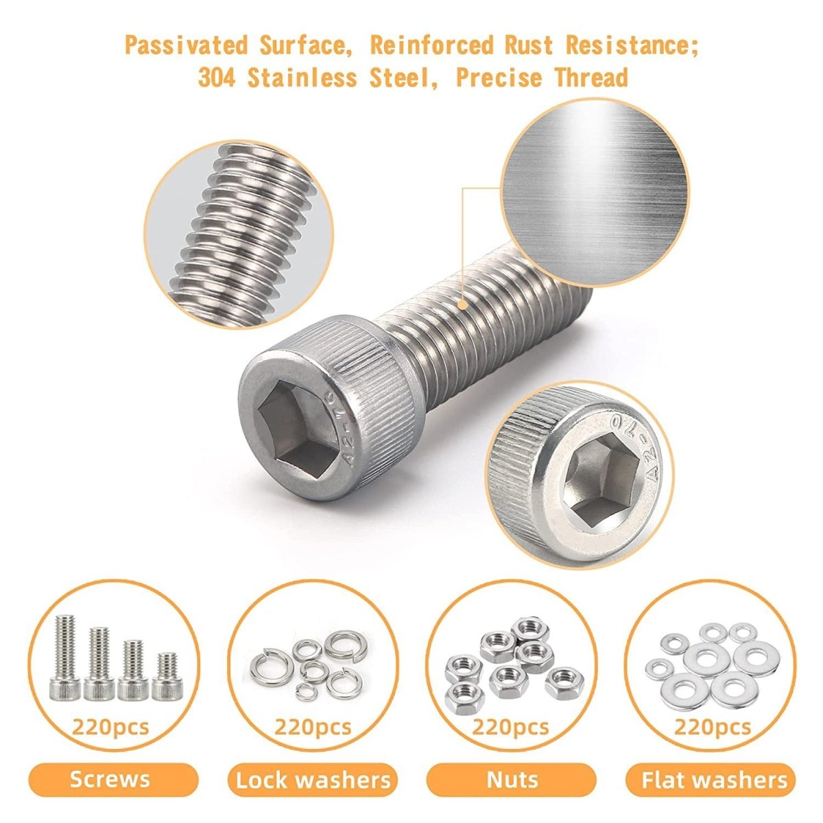 890Pcs M3 M4 M5 M6 Screw Bolts Nuts & Washer Set Hex Head Cap A2 Assortment Kit - HomeDIYer