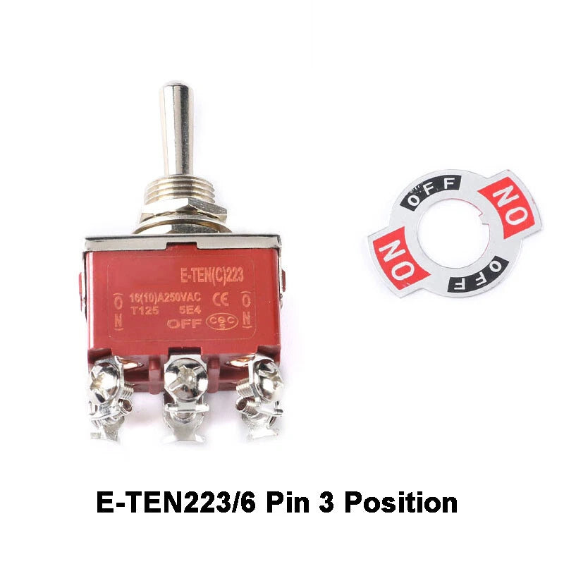 E-TEN Toggle Switch SPDT ON-ON 15A 250V — 2/3/4/6/9/12 Pin, 2/3 Position, Orange or Red