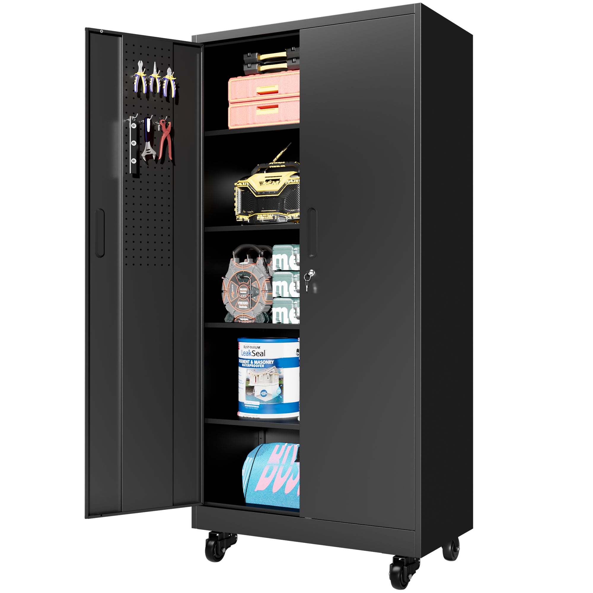 71" Lockable Metal Garage Storage Cabinet with Pegboard Doors & Wheels, 4 Adjustable Shelves, 900 lb Capacity