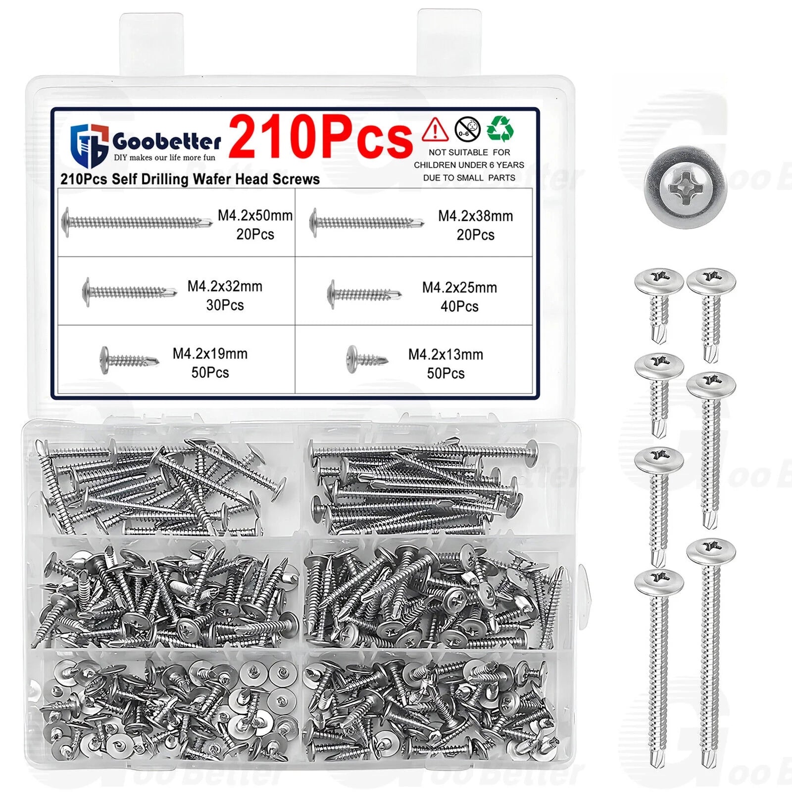 210Pcs Self Drilling Wafer Head Phillips Screws Stainless Steel Self Tapping Kit