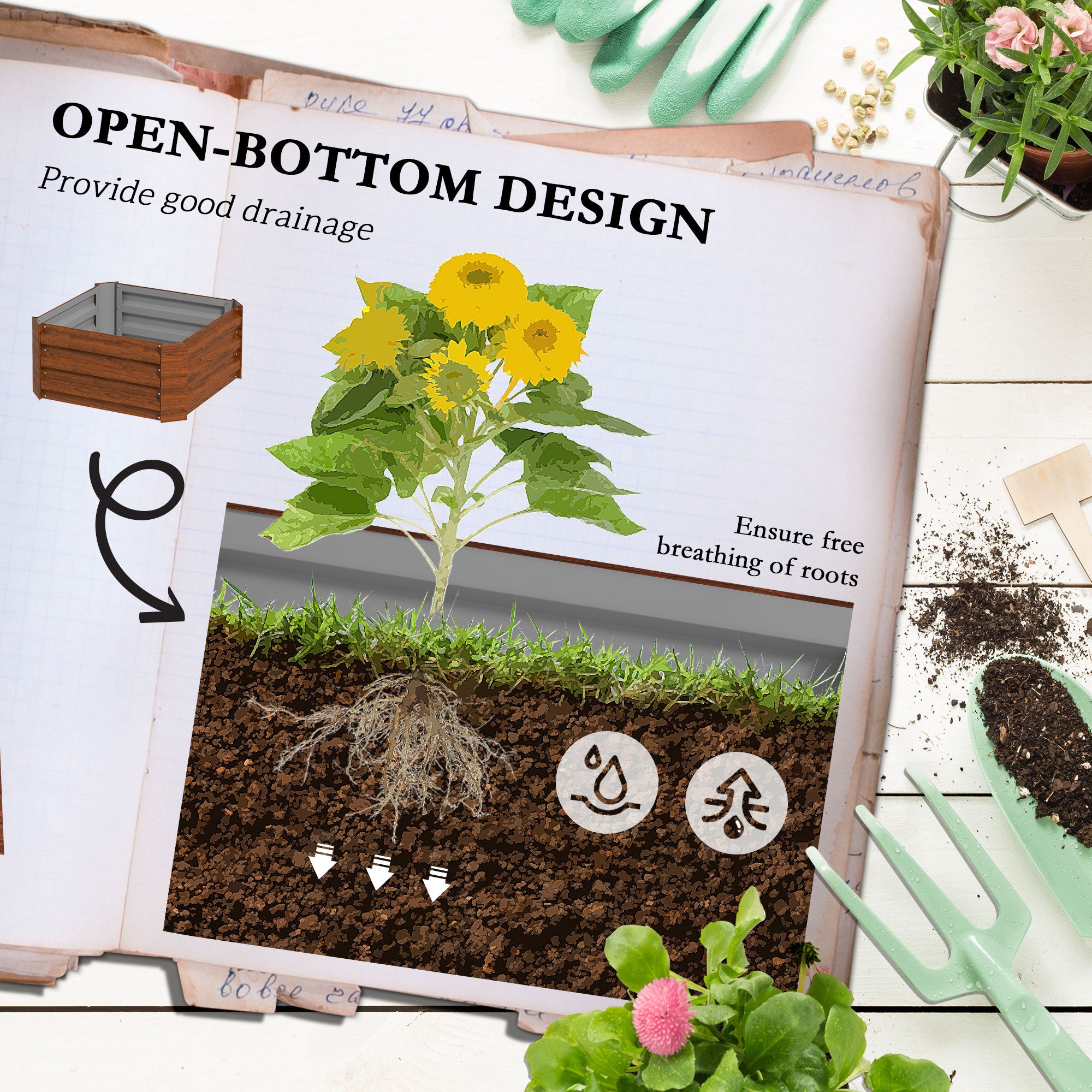 Outsunny Galvanized Raised Garden Bed, 24" x 24" x 11.75" Outdoor Planter Box with Trellis Tomato Cage and Open Bottom for Climbing Vines, Vegetables, Flowers in Backyard, Garden, Patio, Brown