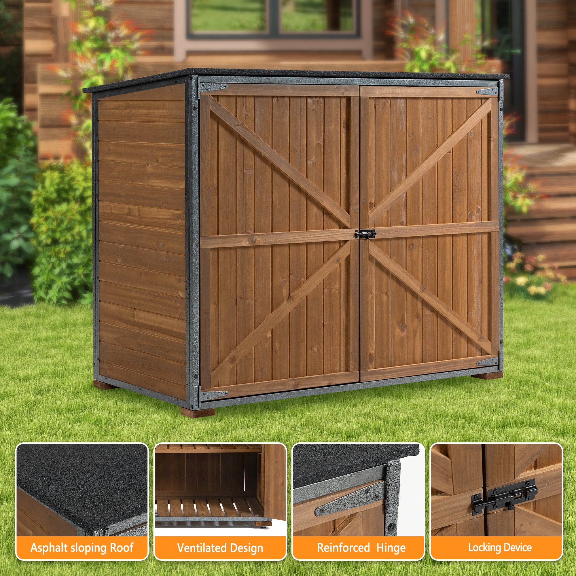 Outdoor Storage Cabinet 50.4"L X 26.8"W X 41"H, Garden Shed Tool Shed with Metal Frame Structure for Backyard Garden Patio Lawn (Brown) 