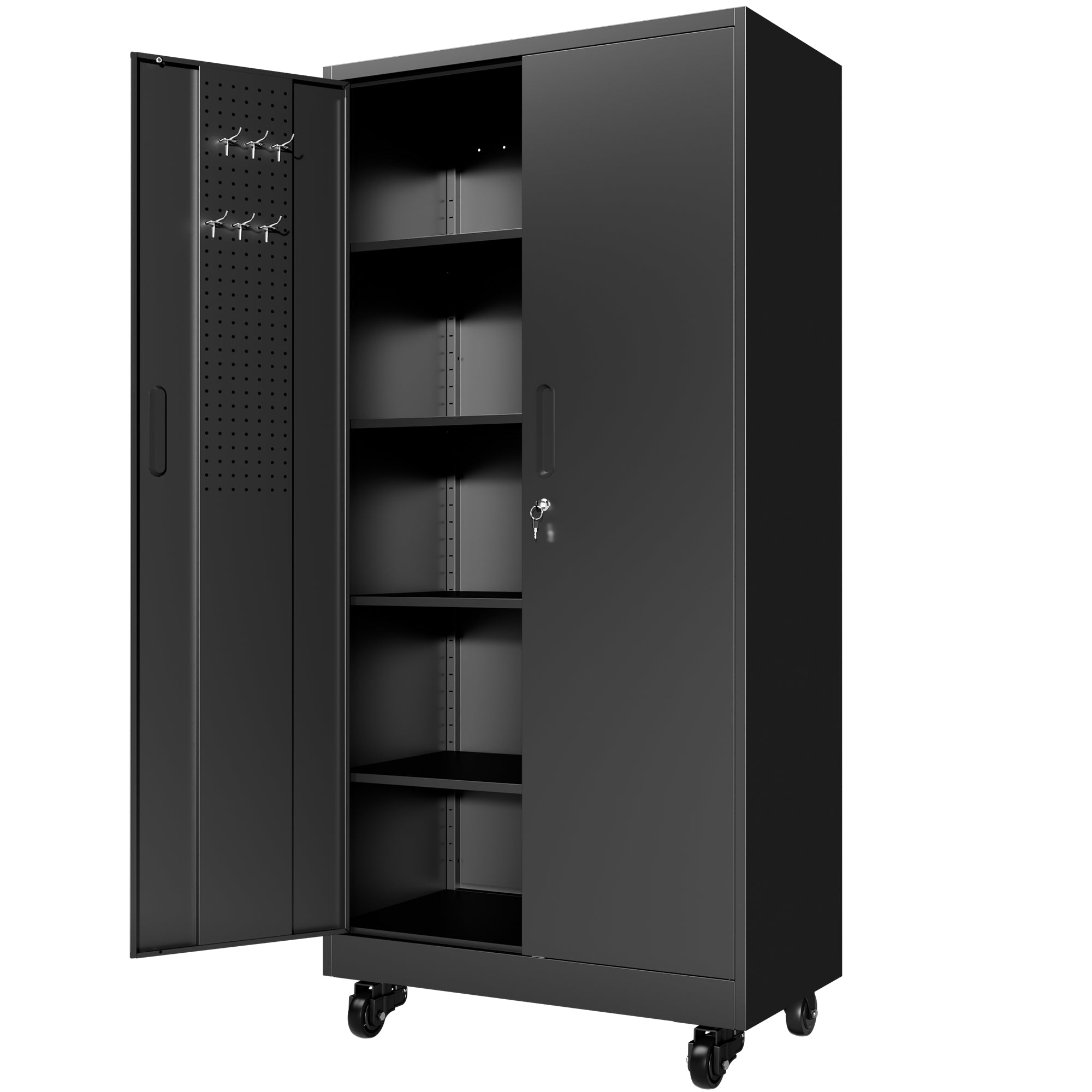71" Lockable Metal Garage Storage Cabinet with Pegboard Doors & Wheels, 4 Adjustable Shelves, 900 lb Capacity