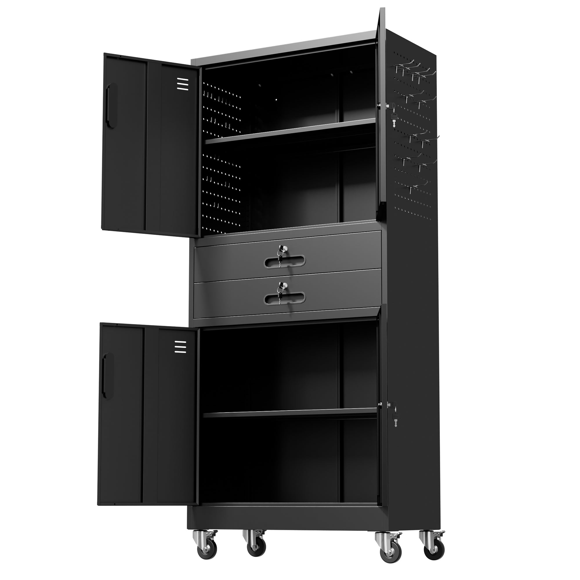 71" Metal Garage Storage Cabinet with Two Drawers, Pegboard Door, Locking Doors & Rolling Wheels, 720 lb Capacity